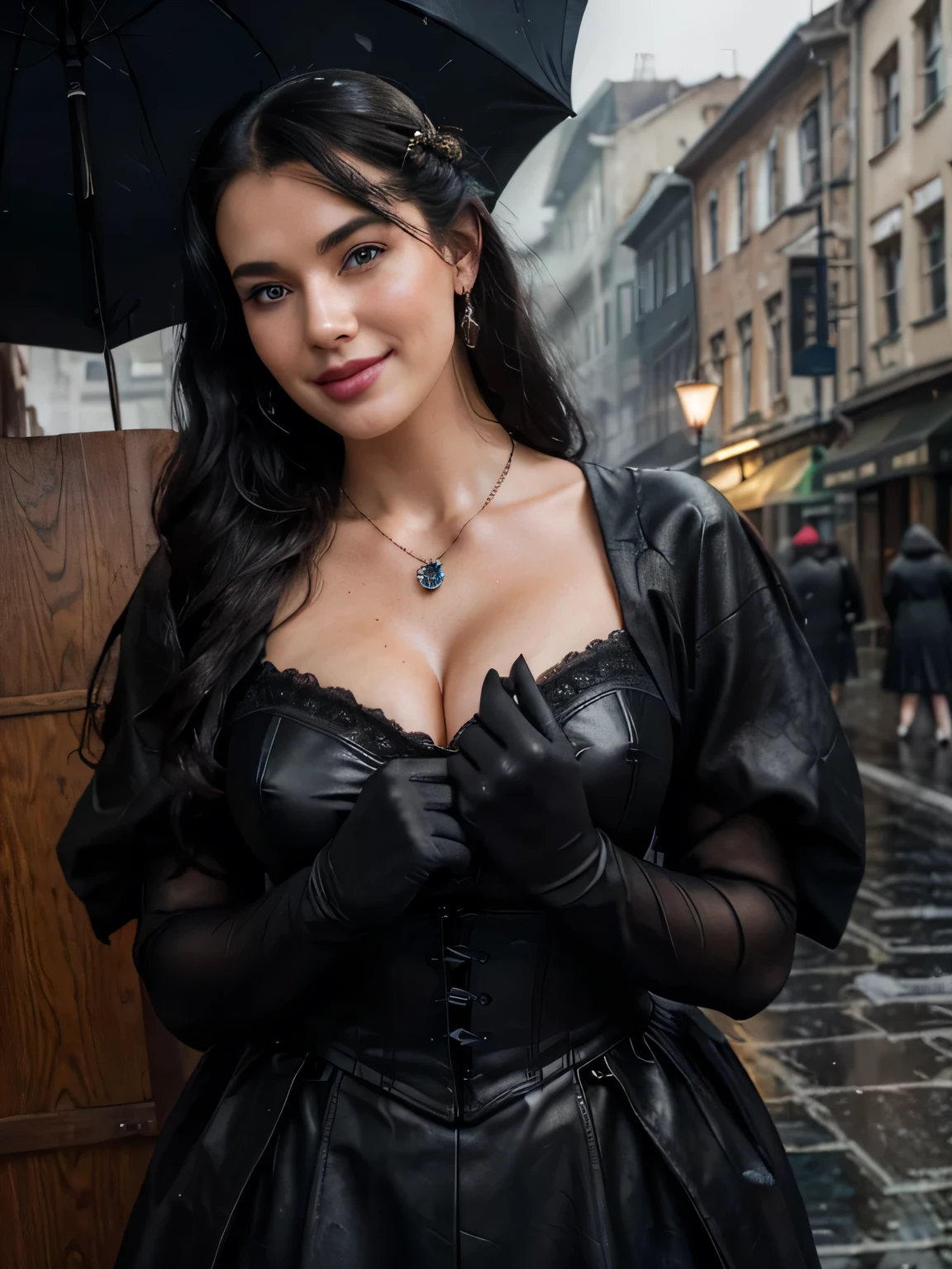 (detailed), perfect face, realistic photo of beautiful smiling Bettie Page,25 Years old, blue eyes, piercing eyes, long hair, black hair, wearing detailed necklace, Polish, influencer, light freckles, big lips, wearing detailed diamond bracelet, wearing detailed branded watch, wearing detailed diamond ring, Instagram, sharp photo, perfect body, model looking, realistic photo of a woman, golden, blond hair color, perfect detailed hands, perfect detailed fingers, ((best quality)), ((masterpiece)) (smile:1.2) light blue eyes, incredible blue eyes, detailed, photographer_\( ultra\), Enveloped in the dense, swirling fog of Bologna , iamsophia navigates the cobblestone streets with an air of mystery and determination. Her blond hair is styled in an elegant updo typical of the era, and her sky-blue eyes pierce through the mist with keen observation. Dressed in a period-appropriate gown with intricate lace detailing and a fitted corset, she holds the allure and grace of a bygone epoch. ((Her hands, black gloves in fine leather)), clutch a vintage, ornate umbrella, a necessary accessory for London's weather. This setting captures a moment of intrigue and romance, as iamsophia emerges from the fog, her presence a captivating blend of history and mystery, navigating the shadowy lanes of the old city,