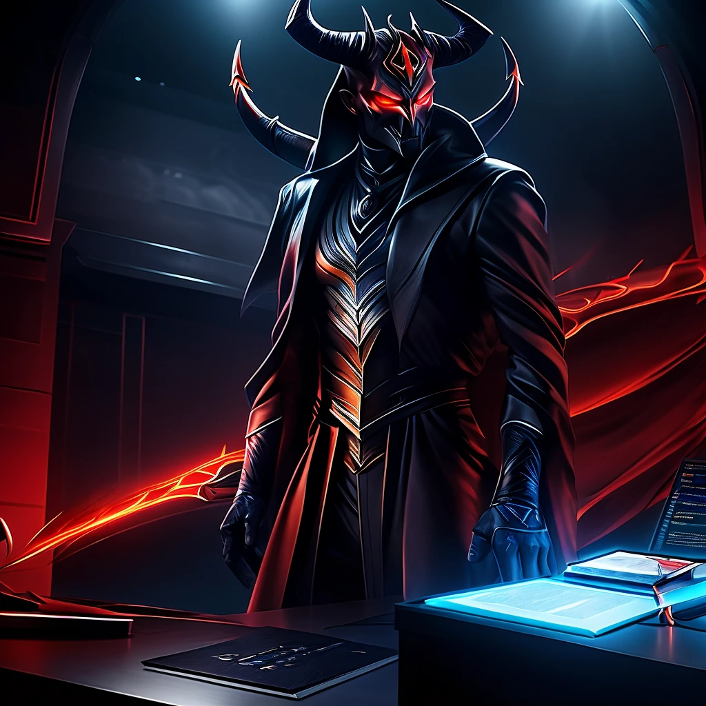 A tall, menacing devil standing behind a sleek, dark news desk, dressed in a sharp, dark crimson suit with black lapels. His ashen-gray skin contrasts against his glowing red eyes, which seem to pierce through the screen. Curved black horns extend from his head, framing his face of sharp features and a devilish smirk. His hands rest confidently on the desk, adorned with silver rings that glint under the dim lighting. Behind him, a futuristic, hellish newsroom with floating holographic displays showing images of crime scenes and fiery, molten landscapes. The background has a mix of dark obsidian and fiery orange lighting, with subtle smoke rising from the edges of the screen. His voice resonates with authority, a dark presence, commanding attention as he reports the dark truths of the world. An infernal microphone, adorned with glowing runes, is placed in front of him, completing his sinister news anchor look.”