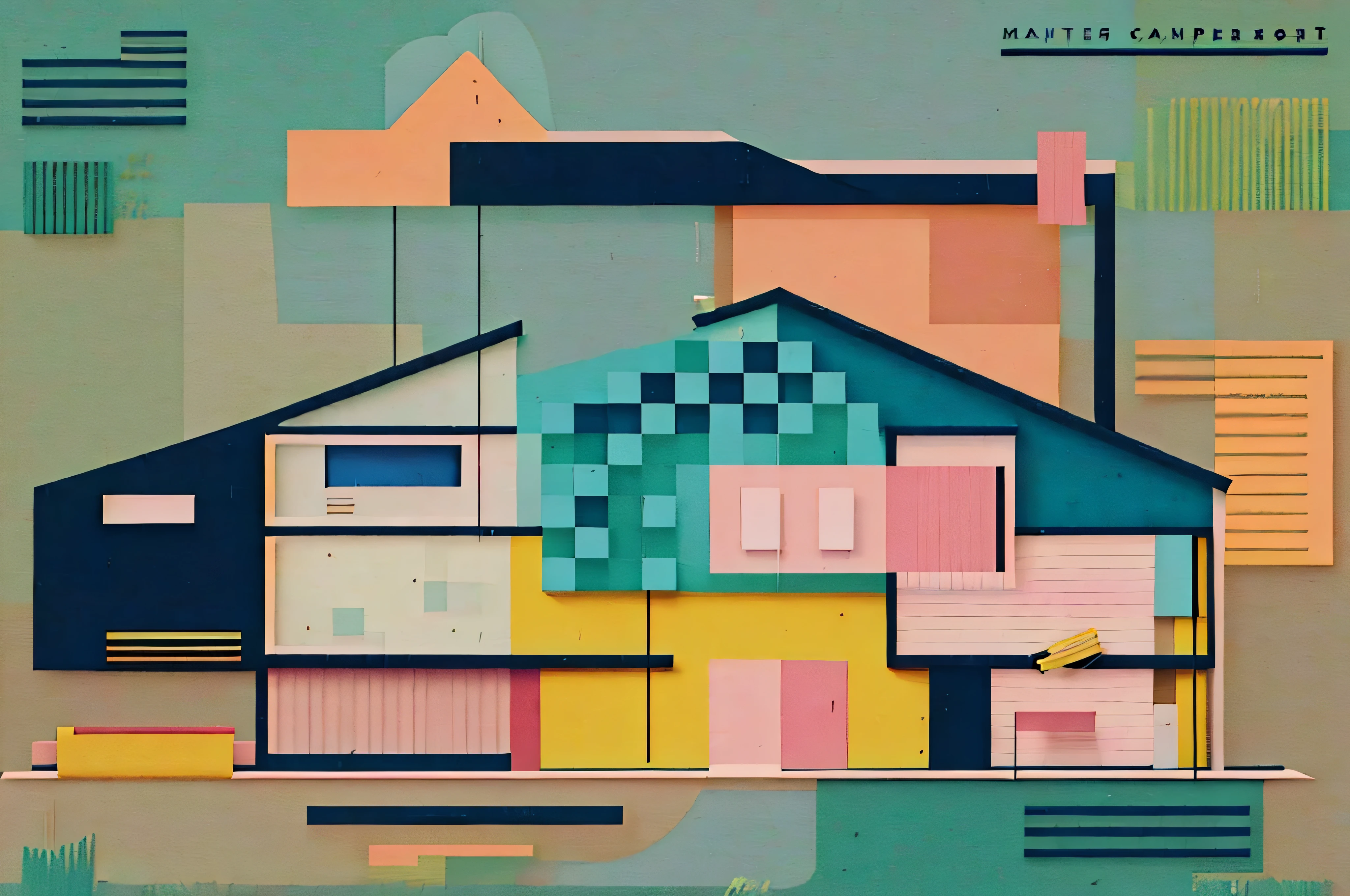 A graphic composition, where the different elements that make up a house are shown, such as cost, labor, materials, architectural design, the graphic organizes the house as the center and the elements around the house, pastel colors.