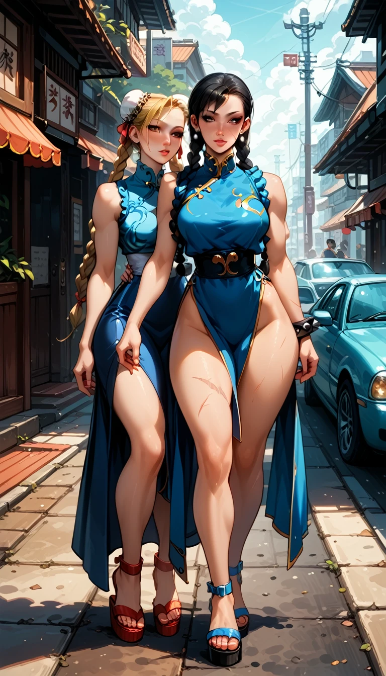 Dark Fantasy Art of score_9, score_8_up, score_7_up, rating_questionable, fantasy, lighting, epiCPhoto 2girls, duo, couple, yuri, very sexy (chun-li, black hair:1.2), and very sexy (cammySDXL, blonde hair, long hair, twin braids, scar on face:1.3), (wearing sexy sleeveless kimonos and wedge sandals:1.4), cute, flirt, gaze, sexy look, half-closed eyes, head tilt, filled lips, thick lips, makeup, on a romantic date, walking together, Thailand streets, modelling shoot, dark, moody, dark fantasy style, dimly lit.