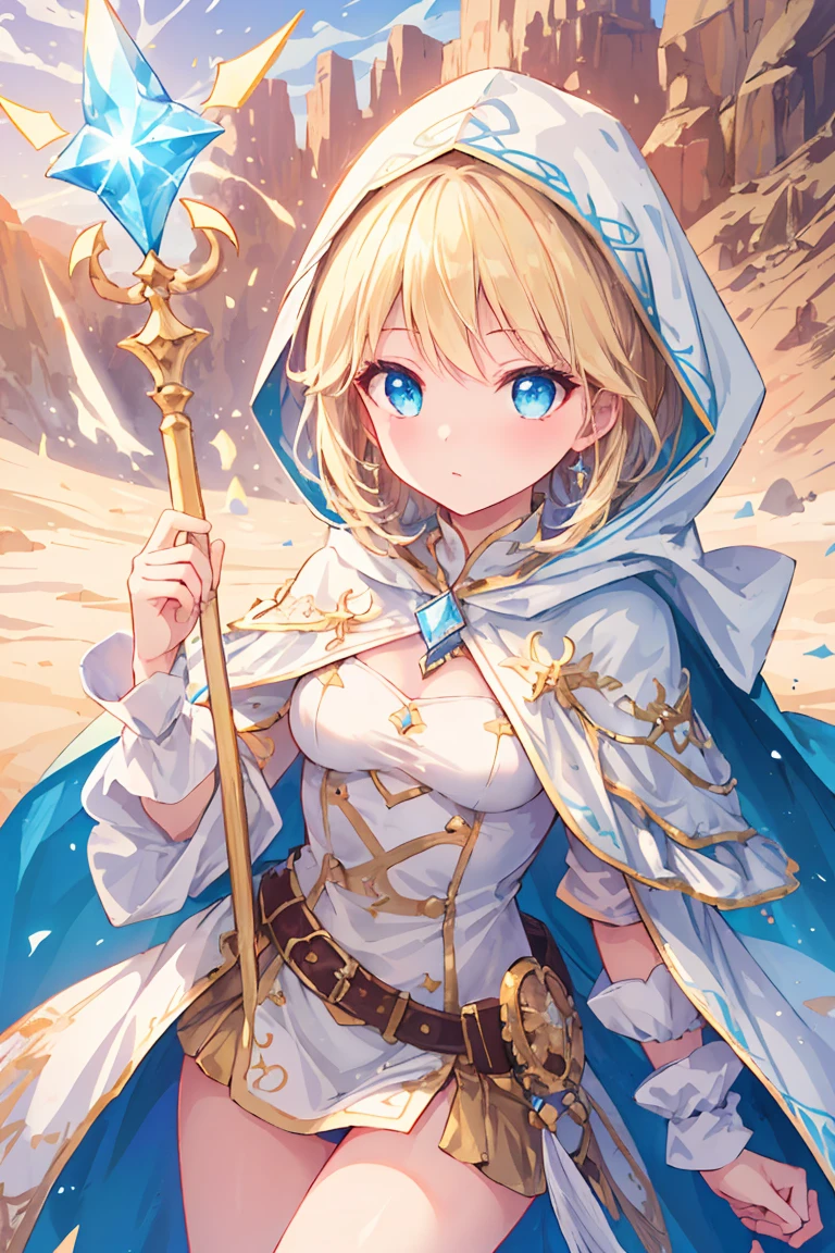 "Epic desert daylight atmosphere, Stunning 4k artwork，Depicts a beautiful girl，Light blond hair. Blue Diamond Eyes. She is wearing a white hero cape and hood in the desert"，Holding a magic wand