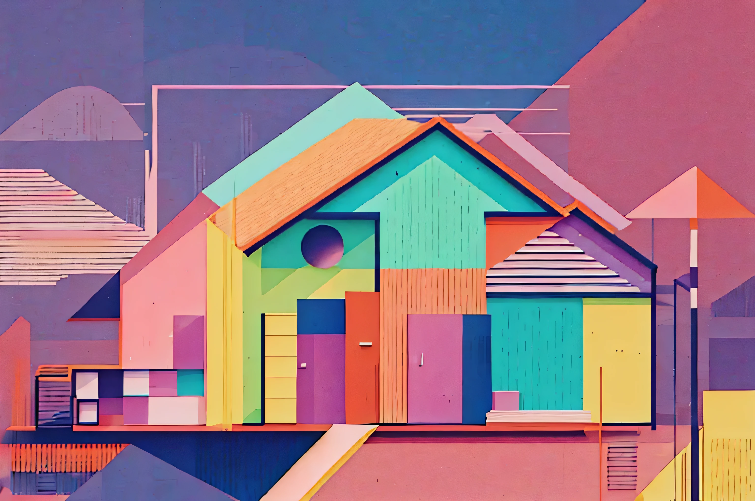 A graphic composition, where the different elements that make up a house are shown, such as cost, labor, materials, architectural design, the graphic organizes the house as the center and the elements around the house, pastel colors.