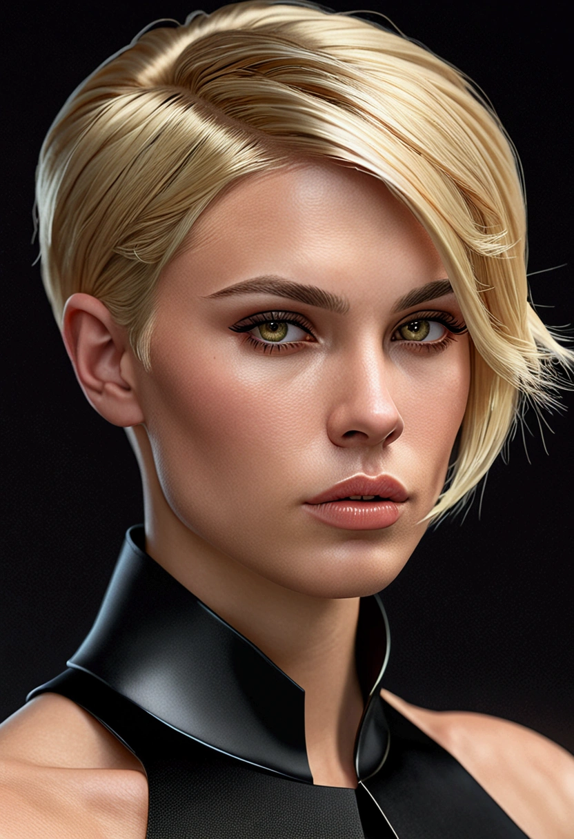 award-winning photo from waist up, ((best quality)), ((ultra res)), ((photorealistic)), (intricate details), 19 years, (Megan Fox ), blonde hair, perfect face, makeup:1.5, light on face, face detail, ?????, short hair, cyberpunk clothes