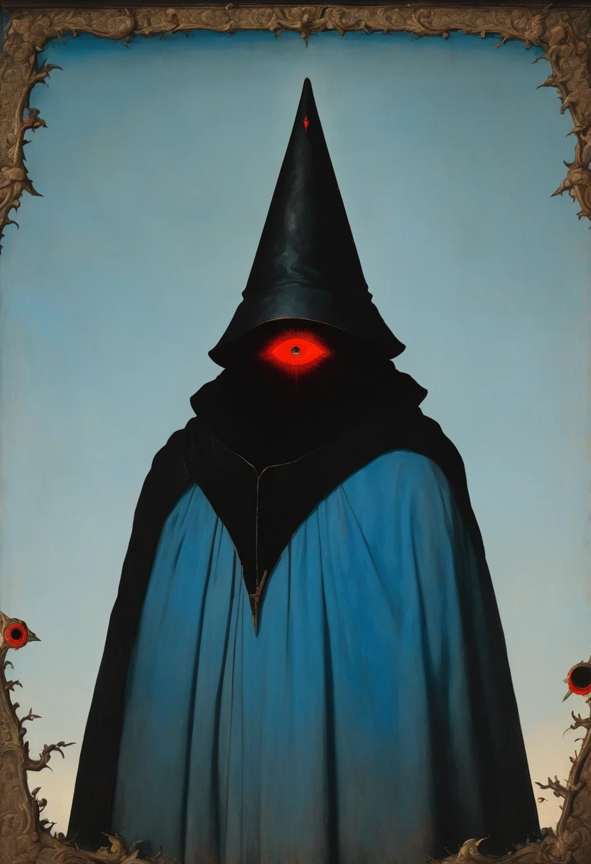 A medieval painting，Describes the silhouette behind the person, There is a glowing red eye in the center of the forehead, Light blue background,Wearing a black cape，Wearing a triangular pointed hat,