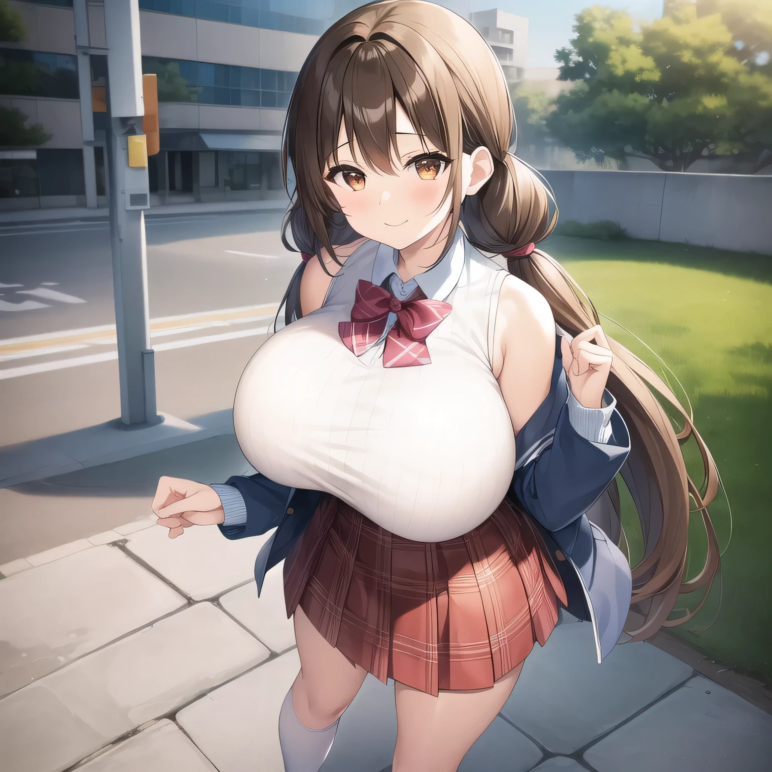 outdoors,
smile,
solo,
AyanaFujisawa,1girl,brown hair,low twintails,brown eyes, ( big breasts huge breasts, gigantic breasts)
white shirt,long_sleeves,spaghetti strap,horizontal pinstripe vest,blue vest, plaid_skirt,red skirt, socks,pink footwear,
full body,standing,looking back,