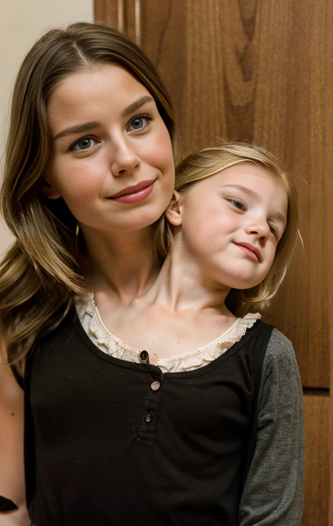 2heads, (one head young child:1.5), (one head adult:1.5), (a brunette and a blonde:1.2)