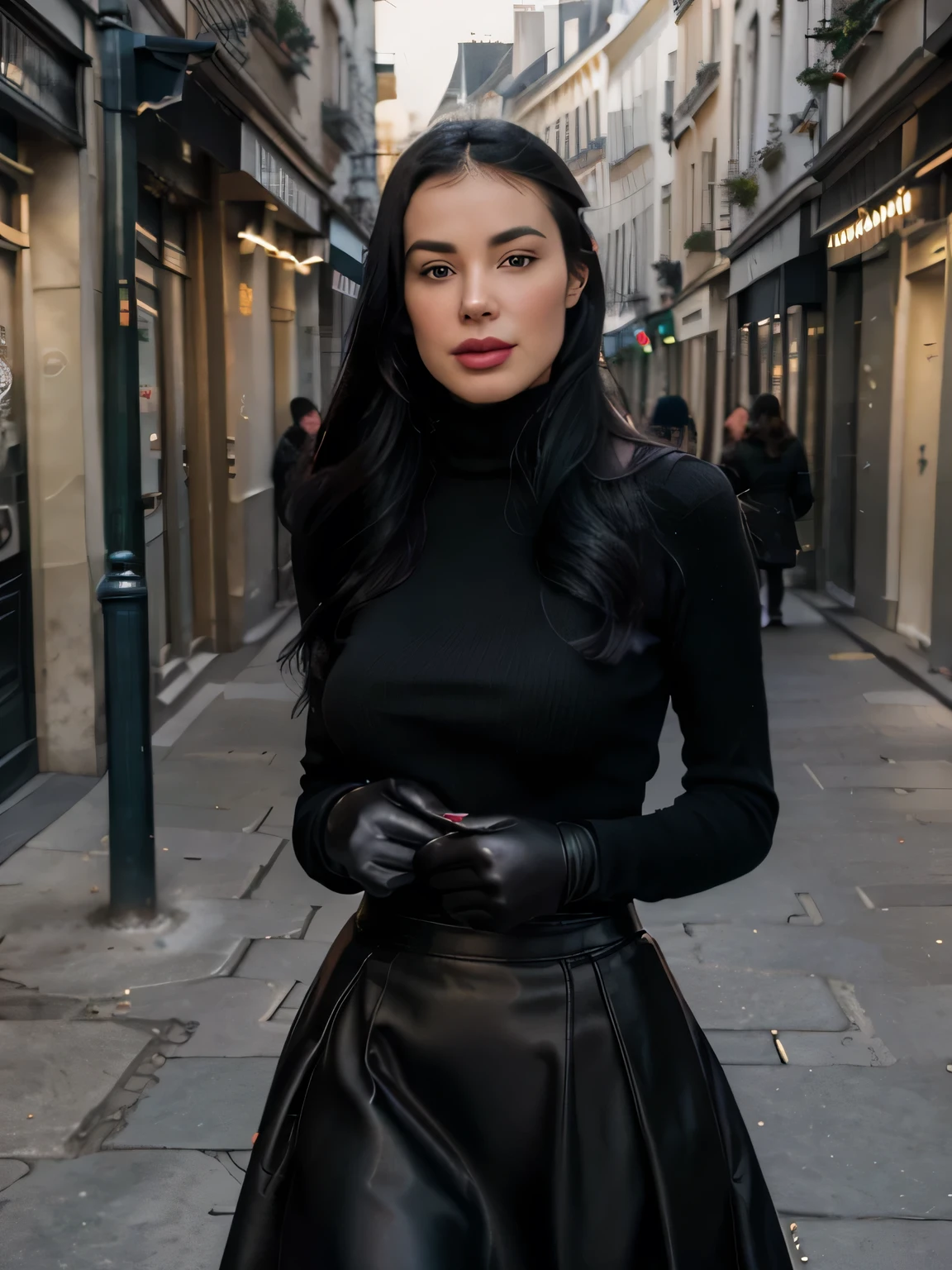 solo lovely smiling Bettie Page, strong daylight, sun shining, wintertime, very cold, raining,in front of boutique, (highest quality texture), boutique store front, display windows full of interesting items, film quality, completly dressed in high style leather fashion, ancient medieval very long black cloak of cloth, large wool sweater, leather pants, black gloves, tigh high boots, 3 shoulder bag,she's in front of beautiful boutique ,soft accent candlelight in windows, gorgeous rembranndt like lighting, (Rembrandt patch), (highest quality window details), hip cool boutique in background, silky long dark hair, hair bangs to her eyes, she's gonna make love soon, every detail,Fine facial features, Masterpiece – Masterpiece ○○ quality – ○○ quality best quality(Highest Quality) ,Leica film, best, solo female, High quality (hiquality)　etc ○○ detailed – ○○ details ultra detailed(Ultra-fine ), Photorealistic, Extremely detailed(Extremely detailed) , Finely detailed(Fine-grained), (highest detail skin texture peachfuzz earlobe realistic)　etc ○○ res – ○○ resolution ultra high res(A high resolution) , very high texture res(light resolution), Realistic – Realistic Photorealistic – photorealistic beautiful – beautiful 4k , 8K, artsy shop front, close and intimate,