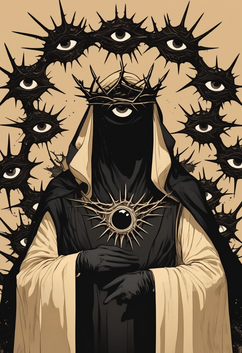 A panel from the comic book The, Wearing black robes and black gloves, A hand-drawn illustration of an anthropomorphic creature with eyes ,surrounded by seven crown-shaped thorns on a beige background