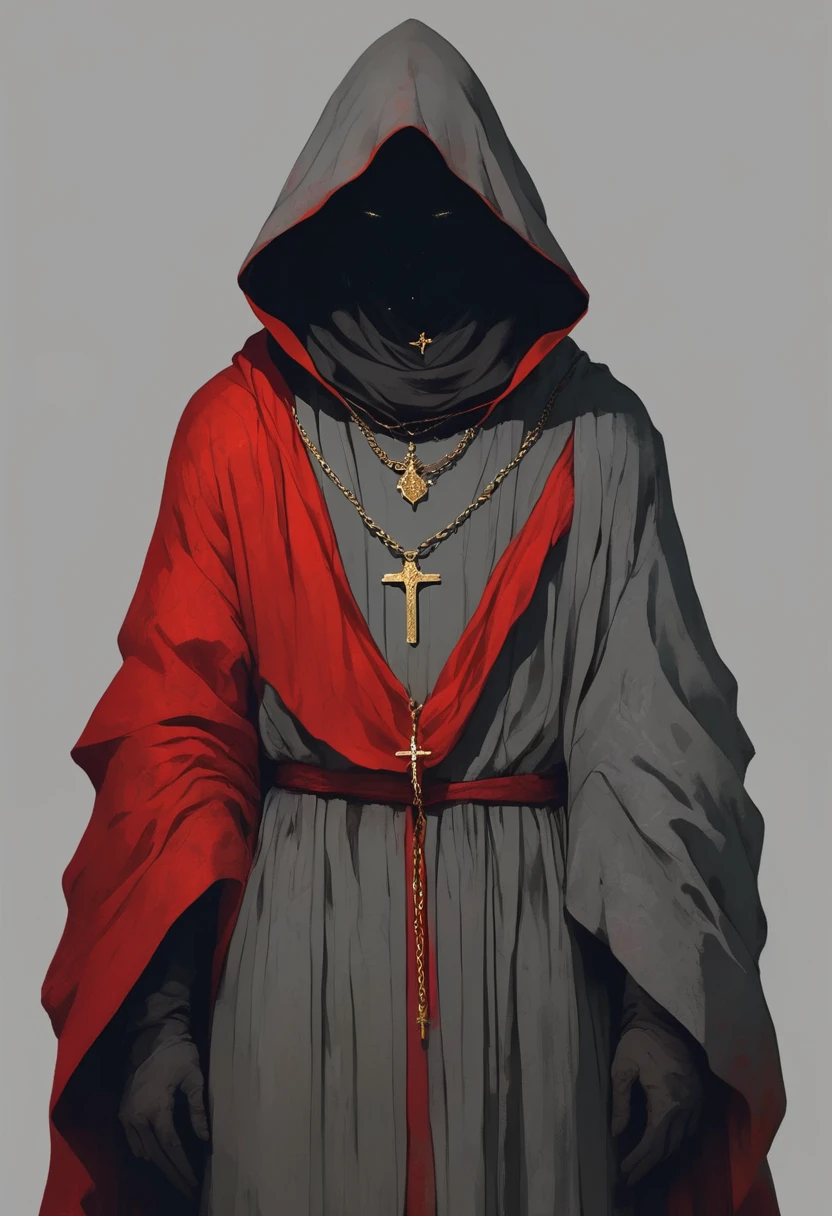 A medieval fantasy drawing of a faceless, hooded figure in a red robe, set against a plain grey background, Wearing a beautiful cross necklace,in the style of Greg Rutkowski and Atey Ghailan..contrasting in dark and bright colors