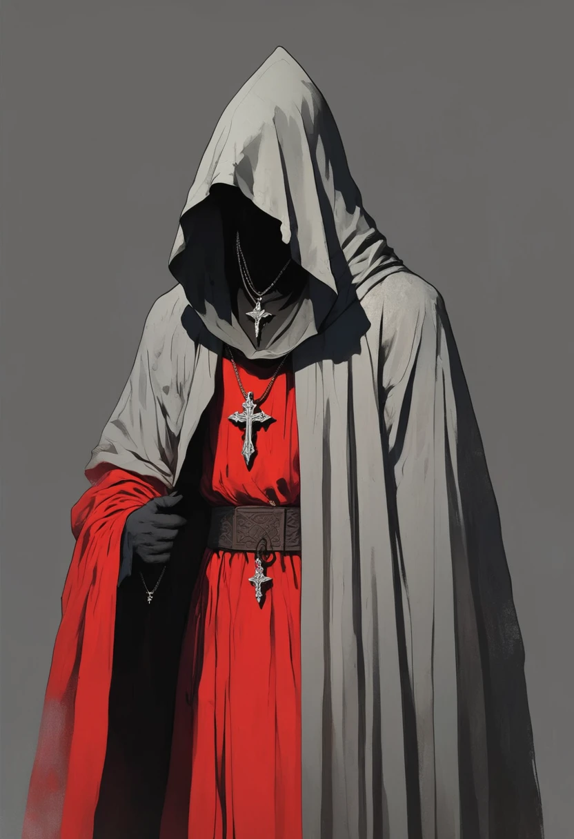 A medieval fantasy drawing of a faceless, hooded figure in a red robe, set against a plain grey background, Wearing a beautiful cross necklace,in the style of Greg Rutkowski and Atey Ghailan..contrasting in dark and bright colors