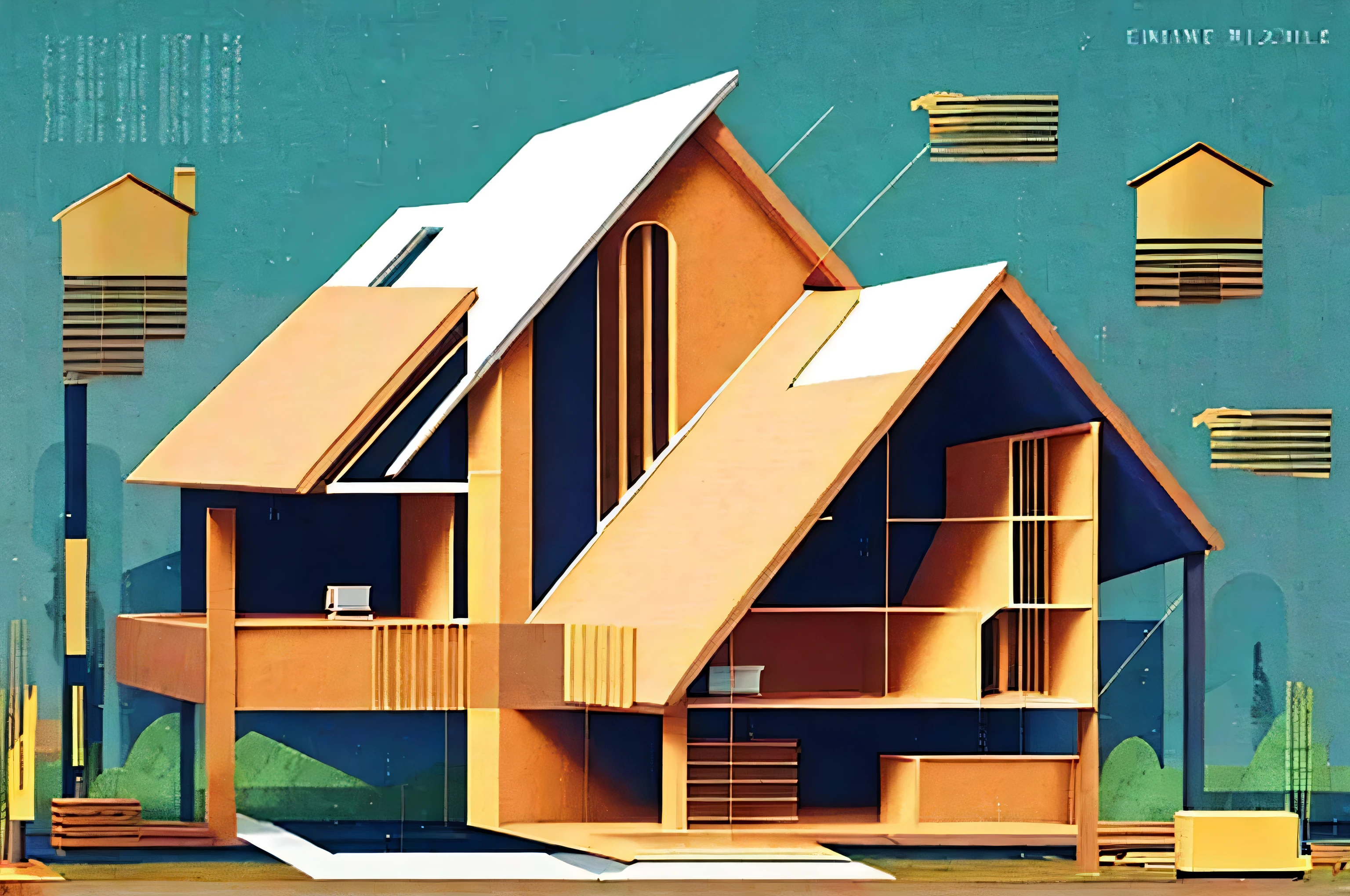 a graphic composition that shows the relationship between money and the construction of a house.