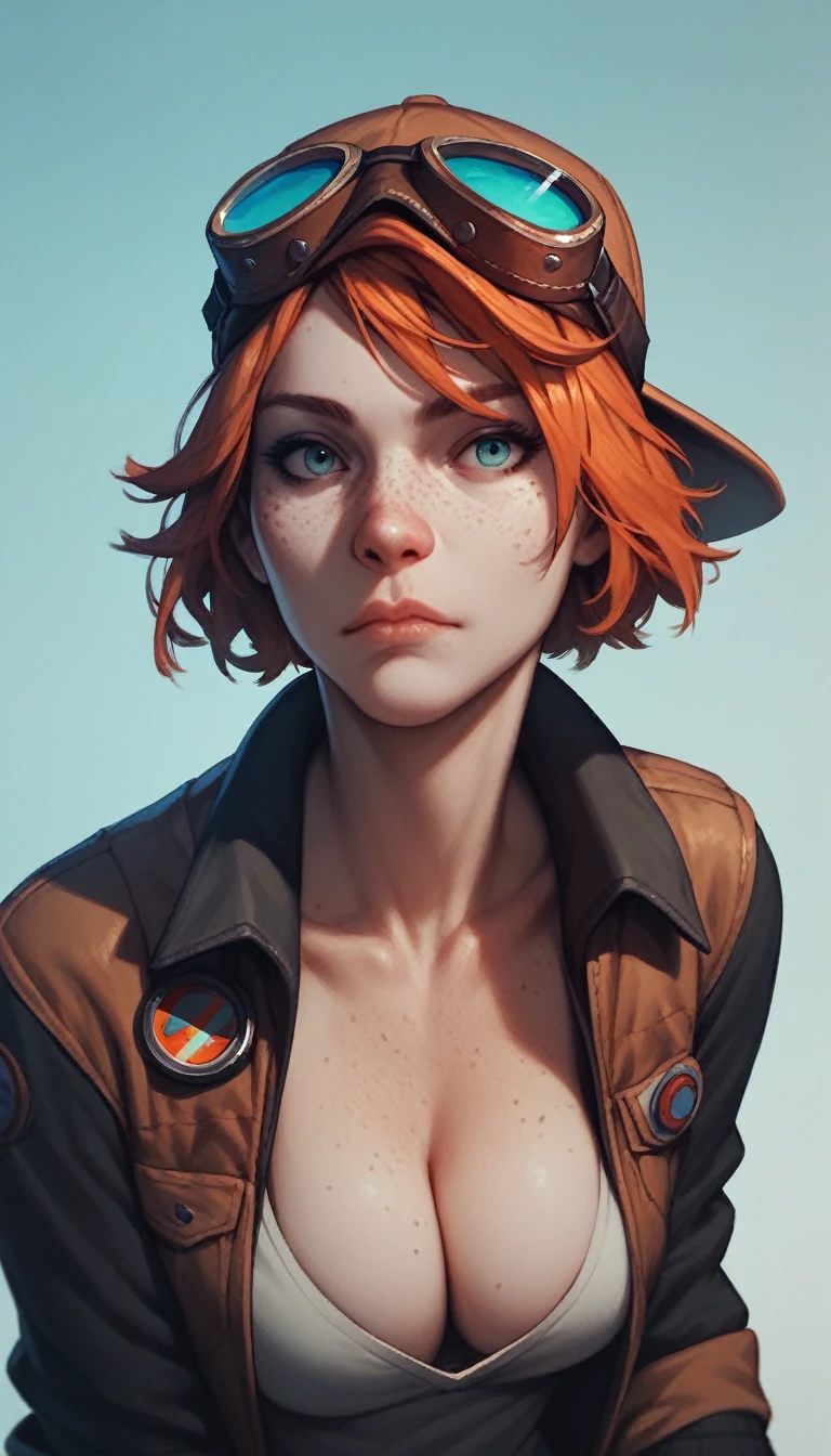 score_9, score_8_up, score_7_up, score_6_up, score_5_up, score_4_up, extremely detailed, 1girl, freckles, cleavage, ((goggles on head)), cap