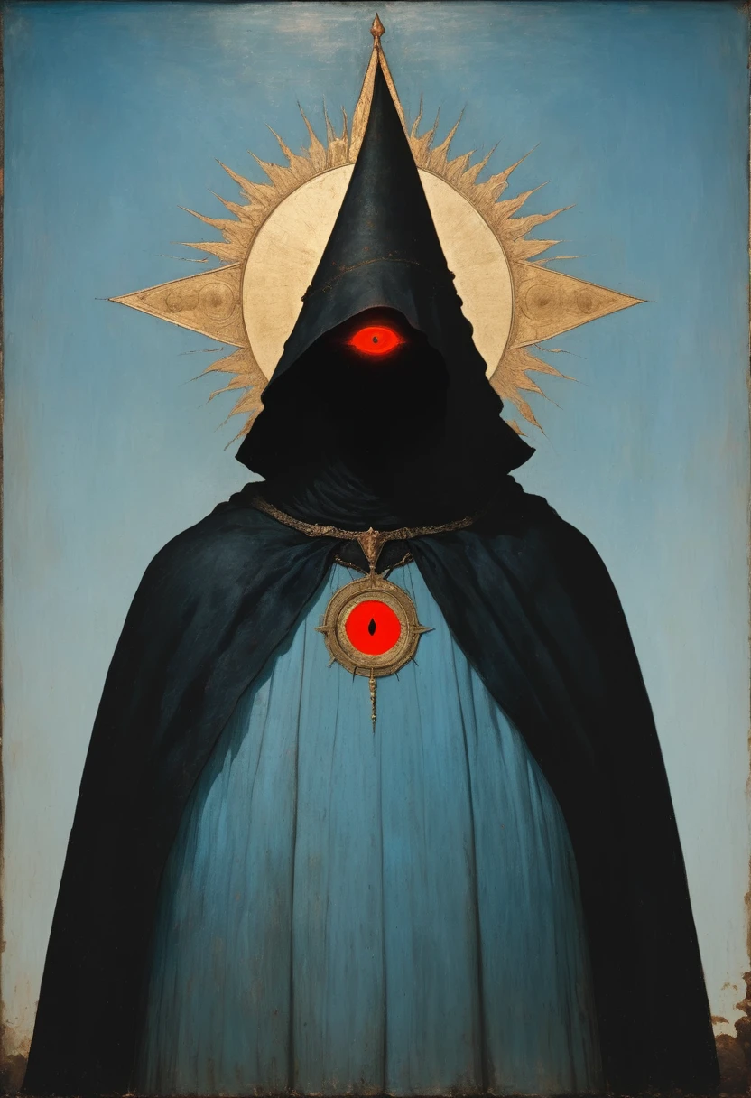 A medieval painting，Describes the silhouette behind the person, There is a glowing red eye in the center of the forehead, Light blue background,Wearing a black cape，Wearing a triangular pointed hat,