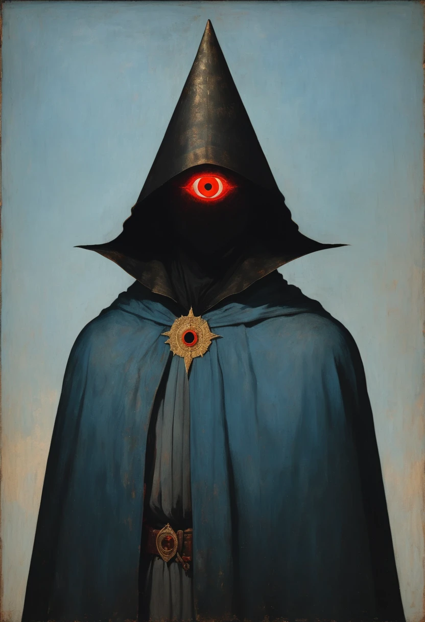 A medieval painting，Describes the silhouette behind the person, There is a glowing red eye in the center of the forehead, Light blue background,Wearing a black cape，Wearing a triangular pointed hat,