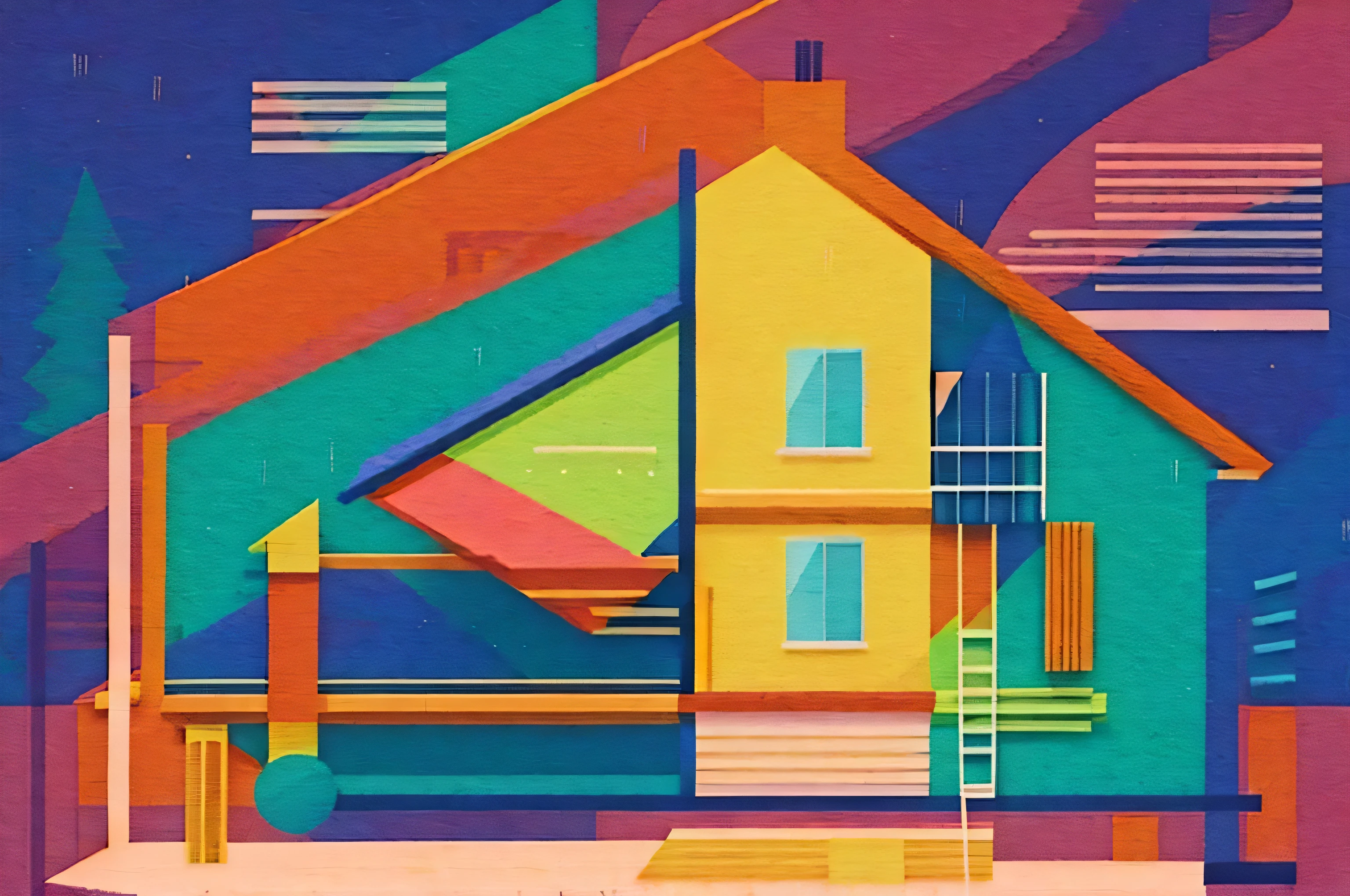 a graphic composition, showing a construction plan and the construction process of a house, Bright colors.