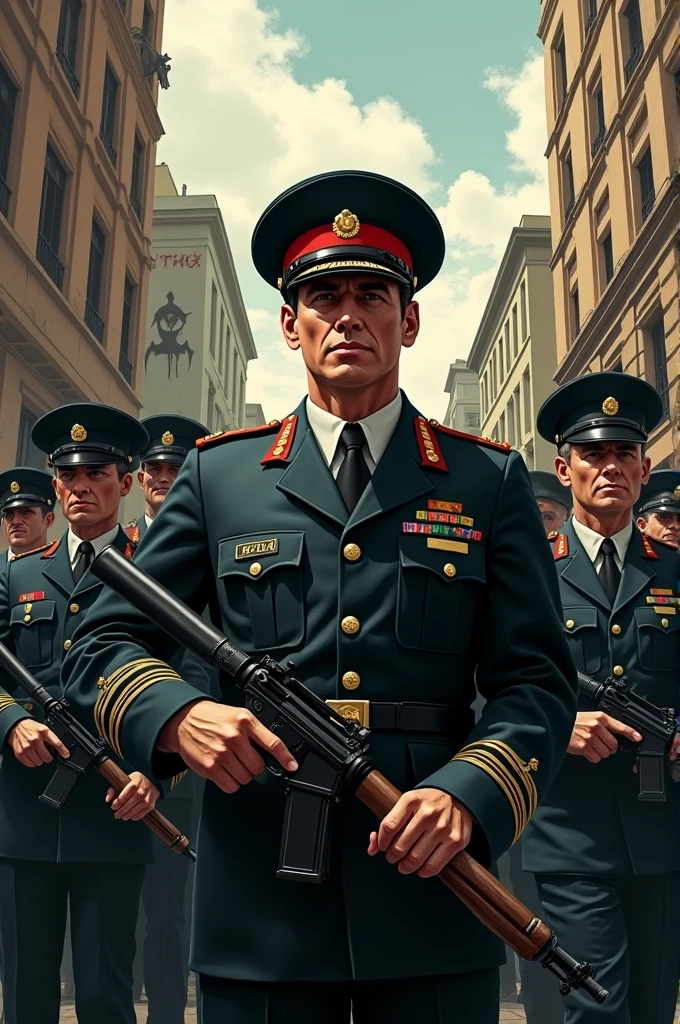 arafed poster of a man in a military uniform standing in front of a crowd of people, martin ansin, martin ansin artwork portrait, propaganda art, bioshock infinite art style, dieselpunk art style, soviet propaganda style, soviet propaganda poster style, epic propaganda poster, otto schmidt, game poster, full poster, ussr poster, retro poster