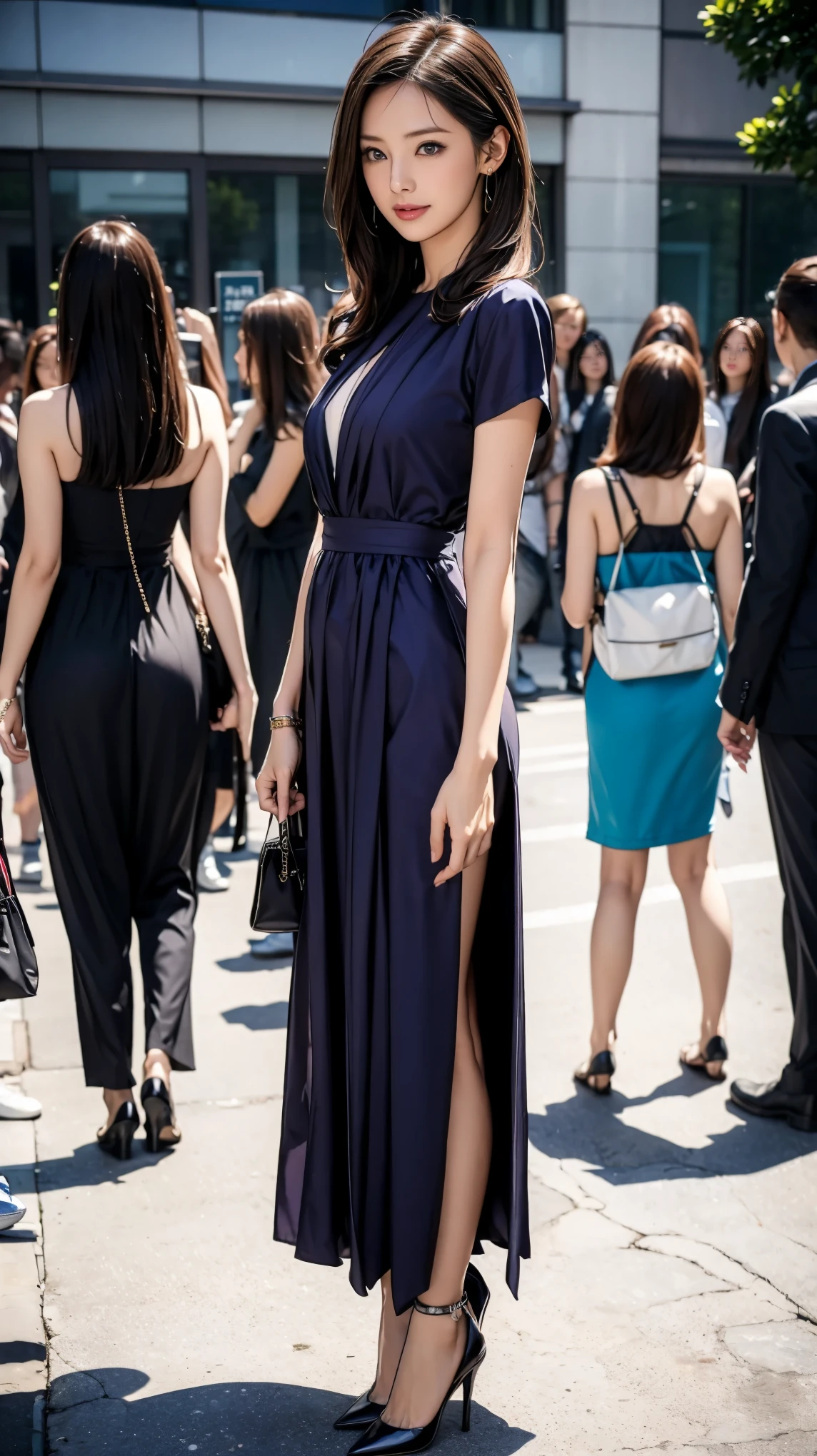 masterpiece, best quality, realistic, ultra-detailed, detailed,1 girl,(asian,idol,solo,collar,thin waist, small size breases,long hair, brown hair,)(long evening dress, stockings, high heels, clutch, lace gloves, loose,)Color_Navy Blue_White_Burgundy_Black_Gold,During the banquet, many celebrities,random view,  (PureErosFace_V1:0.7)