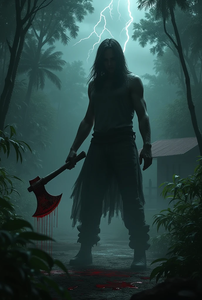 um homem, sem rosto, alto e musculoso com terno preto。completamente realista, He holds a blood-stained machete chasing a woman in torn clothes through a dark forest. Where the thunder beats and full of bones next to the trees Full High Resolution, bem feito,rico em detalhes