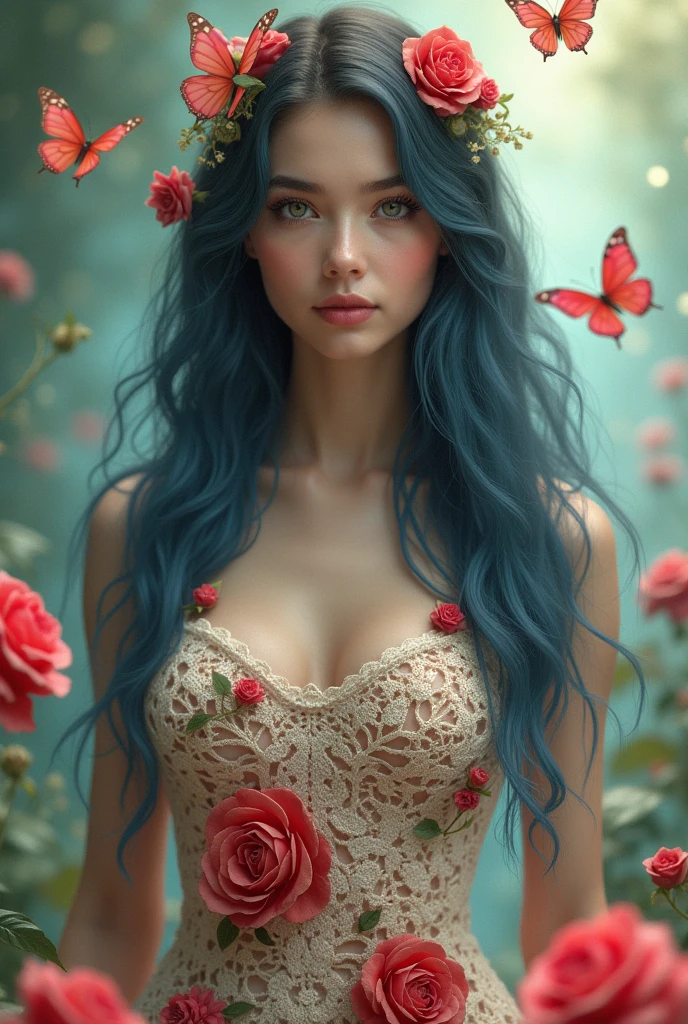 This is realistic fantasy artwork set in the castle's enchanted rose garden. Generate a proud woman with a highly detailed face dressed in the billowing folds of a stunning French silk ballgown. The woman's sweet face is ((((highly detailed, with realistic features and soft, puffy lips.)))) The ballgown is embellished with ruffles, sashes, and bows and a delicately, but intricately, hand-embroidered bodice. The corset features silk ribbon. The woman's stunning eyes are beautifully blue hair pink detailed, featuring realistic shading and multiple colors and high resolution. The woman is in a garden of eternal roses, each one beautifully formed and highly detailed. These realistic roses feature shimmering shades of pink, yellow, orange, and glimmering red. The eternal rose is a deep shade of red with shimmering pink overtones and undertones. Ensure that the woman's face, hair, and eyes are perfect. realism, high fantasy, whimsical fantasy, storybook fantasy, fairytale fantasy, fantasy details, enchanting, bewitching, 8k, hires, cgi, digital painting, unity, unreal engine, (((masterpiece))), intricate, elegant, highly detailed, majestic, digital photography, art by artgerm and ruan jia and greg rutkowski, (masterpiece, finely detailed beautiful eyes: 1.2), hdr, realistic skin texture, (((1woman))), (((solo))), Include a highly detailed face, extremely detailed face, and interesting background.