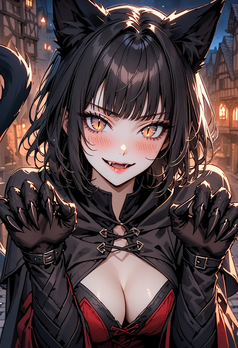 female, close up, short hair, black hair, straight bangs, black cat ears, black cat tail, furred hands, furred arms, claws, black fur, medieval, cleavage, town, hazel eyes, slit pupils, mischievous smile, rogue, night, thief, on rooftop, female kabedon, pouncing on viewer, paw pose, blush, fangs, parted lips, lips