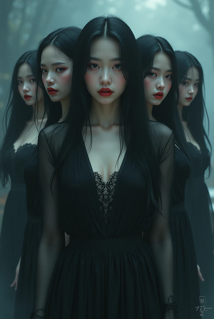 silhouette of three women standing, without being able to see them, apenas um dark blue background (Line contour), dark blue background, ((hight contrast)), front viewer, cute (( as an idol)) pose like models