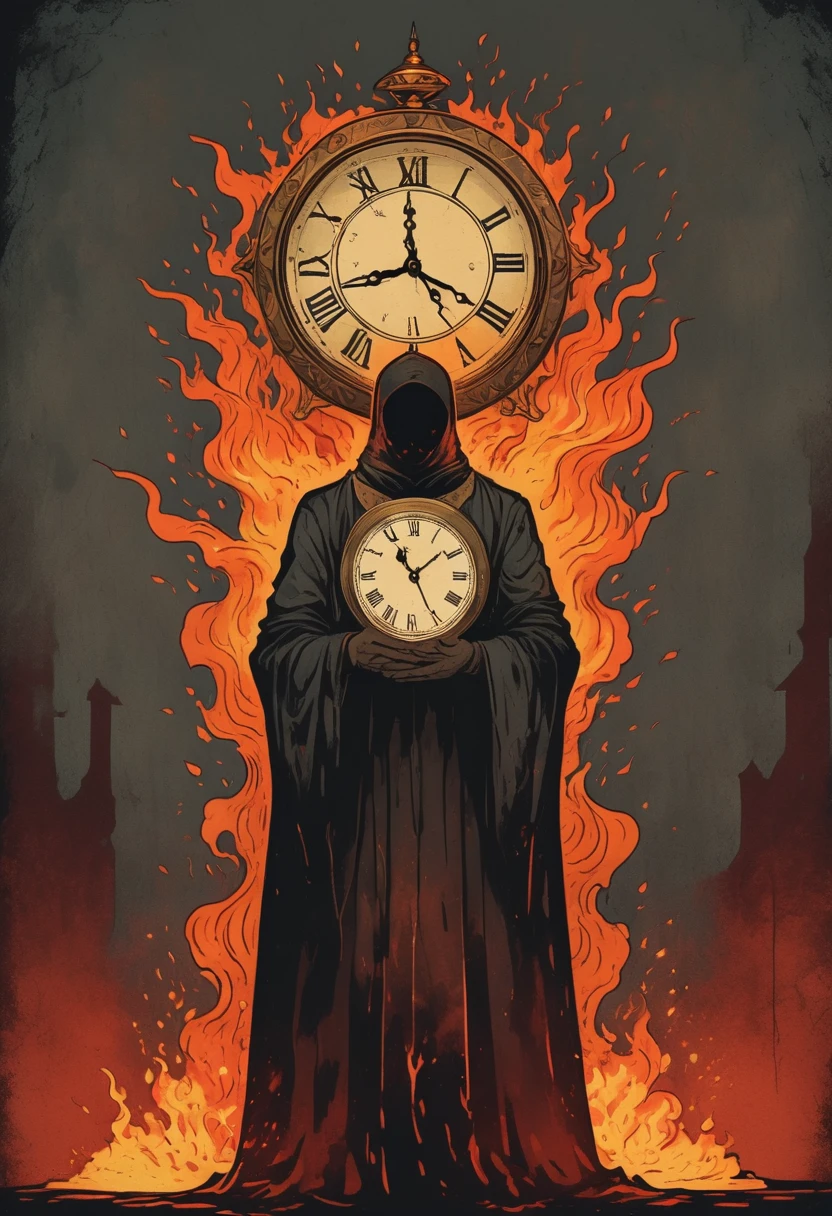 A man with his head on fire, holding up the hands of an old clock in front of him, vintage tarot card illustration, dark and moody, flat colors, simple details, dark background, reds and oranges, fantasy art style, vintage-inspired, hand-drawn elements, borderless frame, poster design