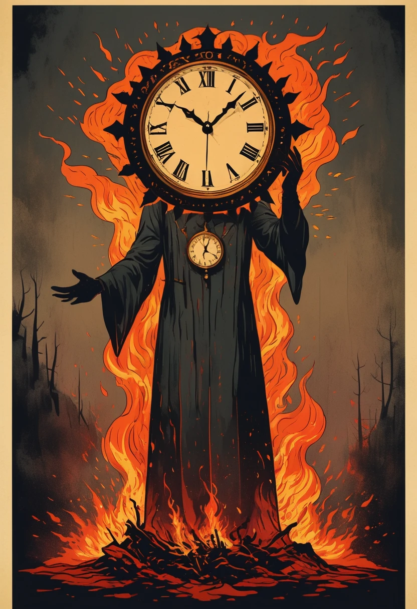 A man with his head on fire, holding up the hands of an old clock in front of him, vintage tarot card illustration, dark and moody, flat colors, simple details, dark background, reds and oranges, fantasy art style, vintage-inspired, hand-drawn elements, borderless frame, poster design