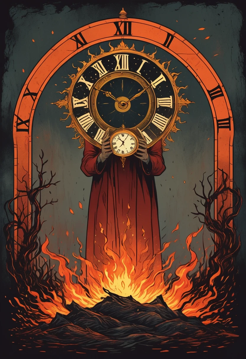 A man with his head on fire, holding up the hands of an old clock in front of him, vintage tarot card illustration, dark and moody, flat colors, simple details, dark background, reds and oranges, fantasy art style, vintage-inspired, hand-drawn elements, borderless frame, poster design