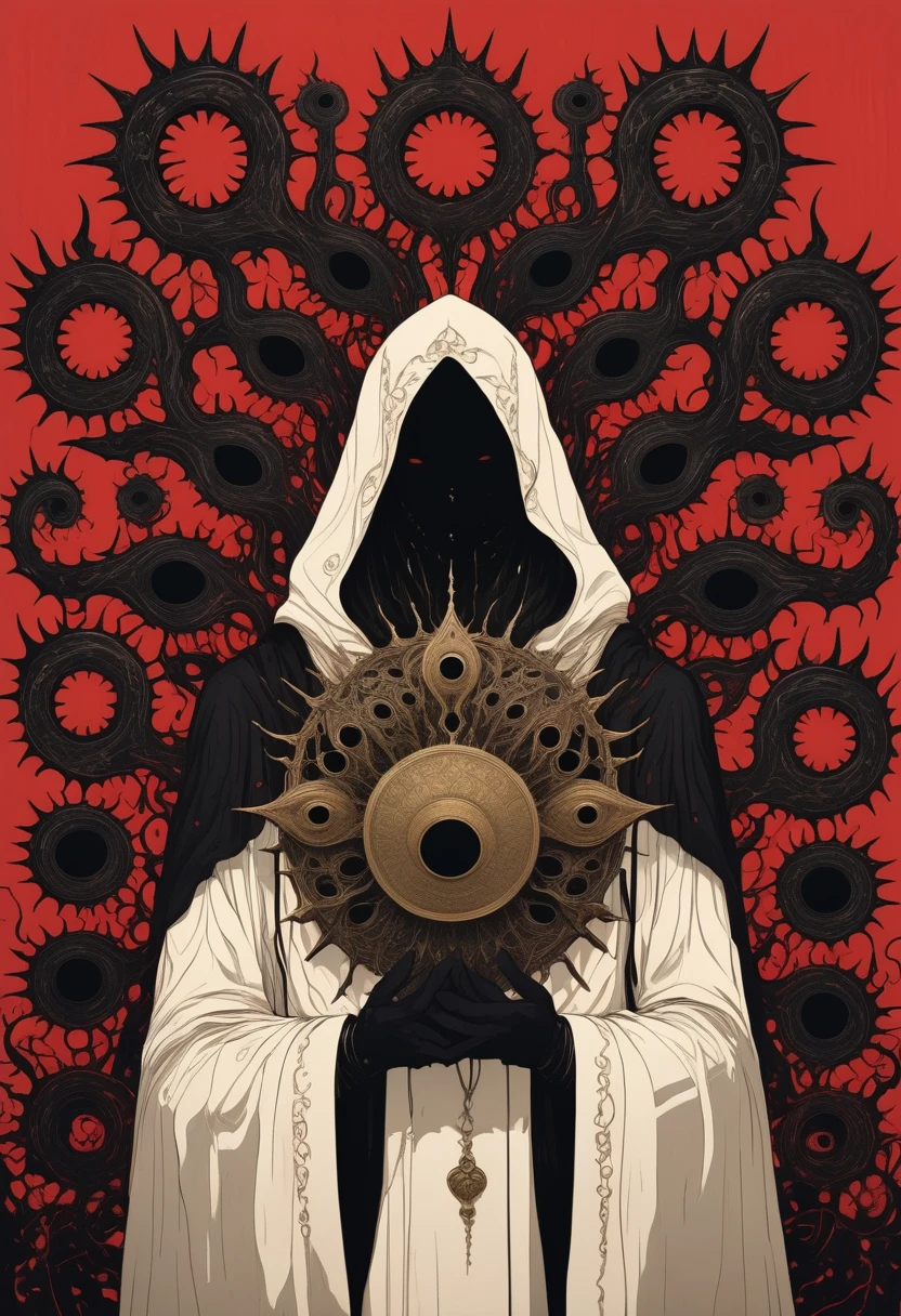 A white-cloaked figure holding up an ornate black mask with many hands, against a red background with symmetrical patterns, in the style of Kentaro Miura, in a dark fantasy art style with gothic horror elements
