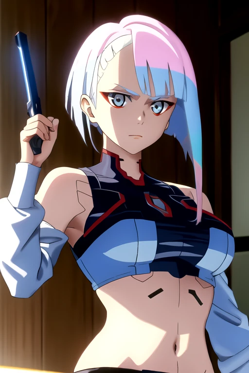 best quality, 8k, sharp focus, depth of field, best shadows, perfect lights, HDR, realistic skin texture, detailed, hyper detailed background, solo, 1 woman, Yuna crawford, pink hair, short ponytail and messy bangs, green eyes, small boobs, lying on the bed, shoulders showing, anime style inspired by trails of cold steel IV, Very sexy and lewd,  Ecchi, blushing, armpit, UP gun, good lighting, detailed room, "what are you doing, instructor?"