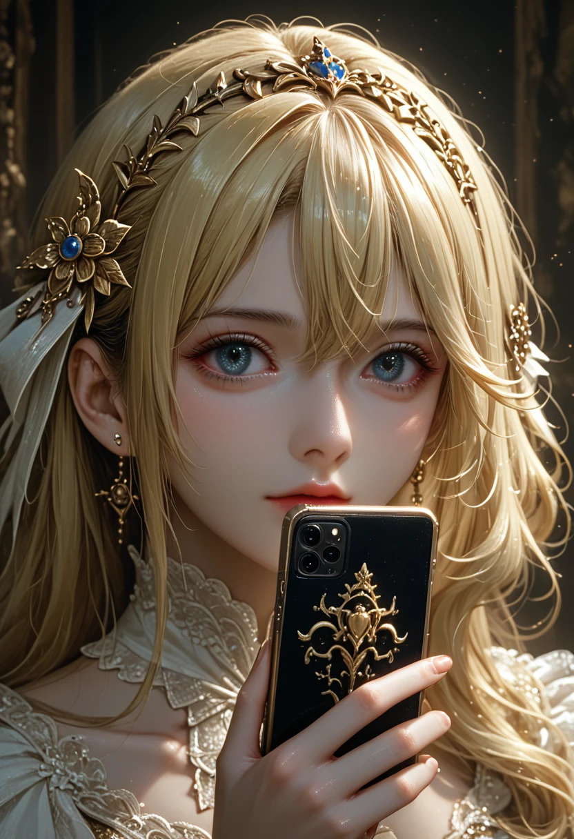 Close-up of woman with long blonde hair, holding a mobile phone, вдохновлено Magali Villeneuve, fantasy portrait, fantasy portrait art, detailed matte fantasy portrait, Alice X. Zhang, fantasy portrait, epic fantasy portrait, beautiful fantasy portrait, Magali Villeneuve, Graphic artist Magali Villeneuve, Fantasy portrait, Epic fantasy digital art style