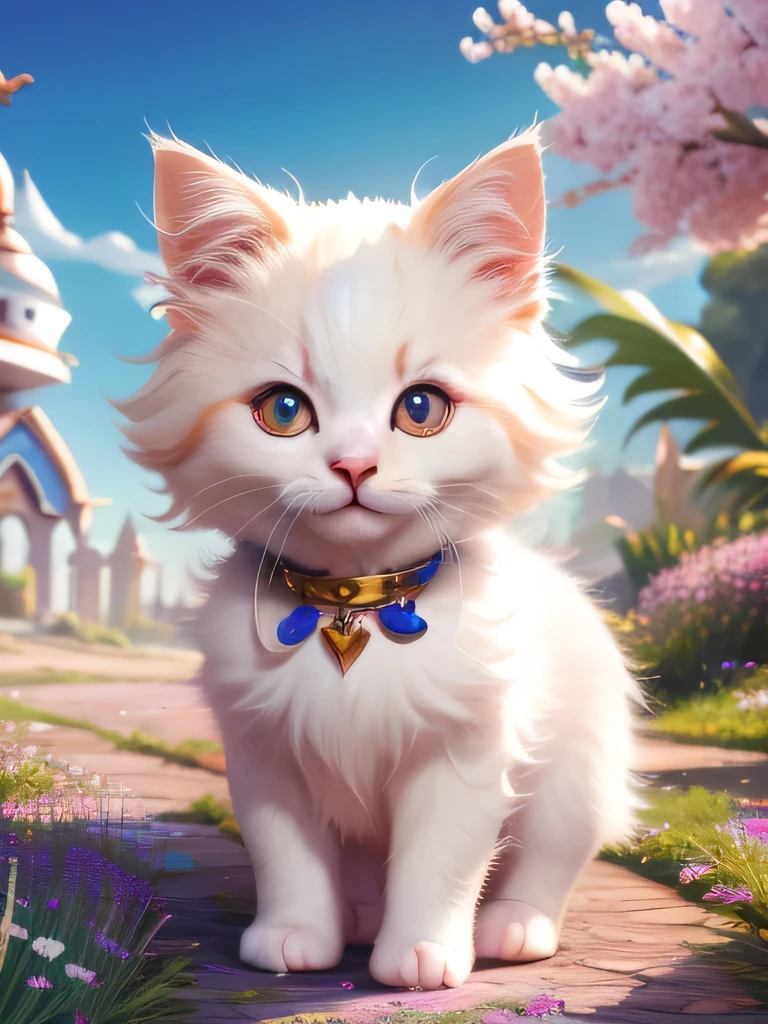 a cute kitten mascot of the magical warriors, gouache paint art, colorful painted background in 4k