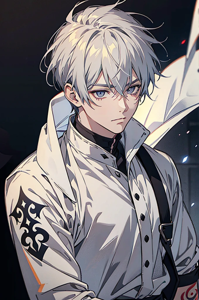 anime boy with light gray eyes. shining tattoo, Wearing white medieval clothes. No background. Black background. portrait