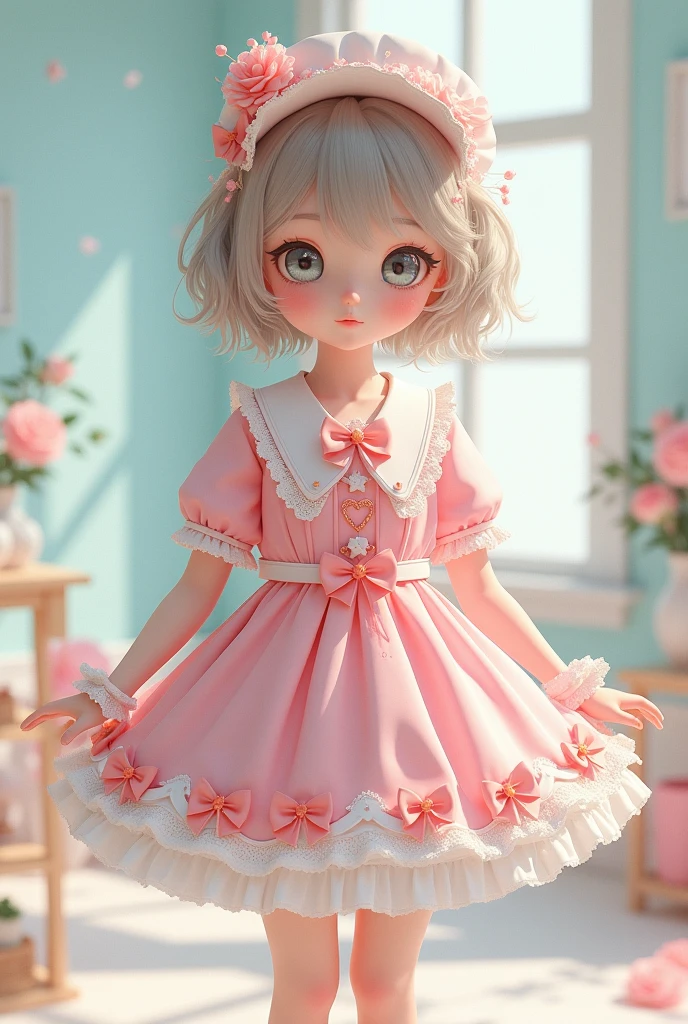 ((some kind of pale pink and white: 1.4) aesthetic cottage coalnaissance (long: 1.3) dresses (lots of layered ruffles: 1.2) and ribbons: 1.2), voluminous panniers under a pale pink (long: 1.4) jumper skirt in the Rococo style, decorated with pink ribbons, pastel colors, white lace, ruffled white puff short sleeves, ruffles, ( Lace ruffle socks: 1.2), bonnet, ribbon, heart-shaped accessories, platform shoes, raw photos, masterpieces, top quality, raw photos, photorealistic,