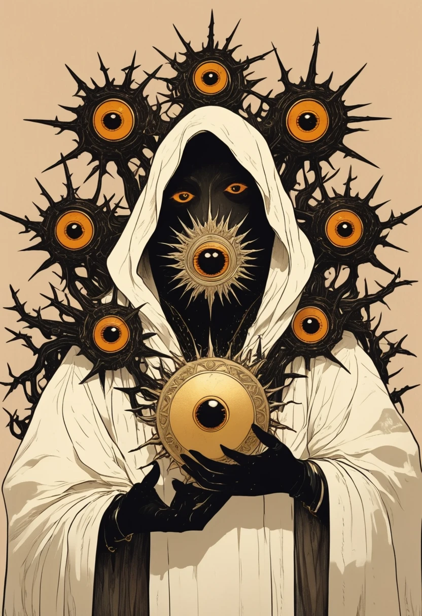 A hand-drawn illustration of an anthropomorphic creature with six eyes, wearing white robes and black gloves and holding a sun medallion in its hands, surrounded by seven crown-shaped thorns on a beige background