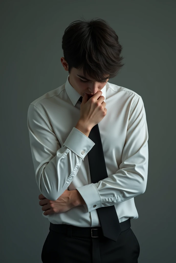A 20 year old boy who is sad . Don't show her face.he wear a white shirt and black dress pant his hand is on her black tie
