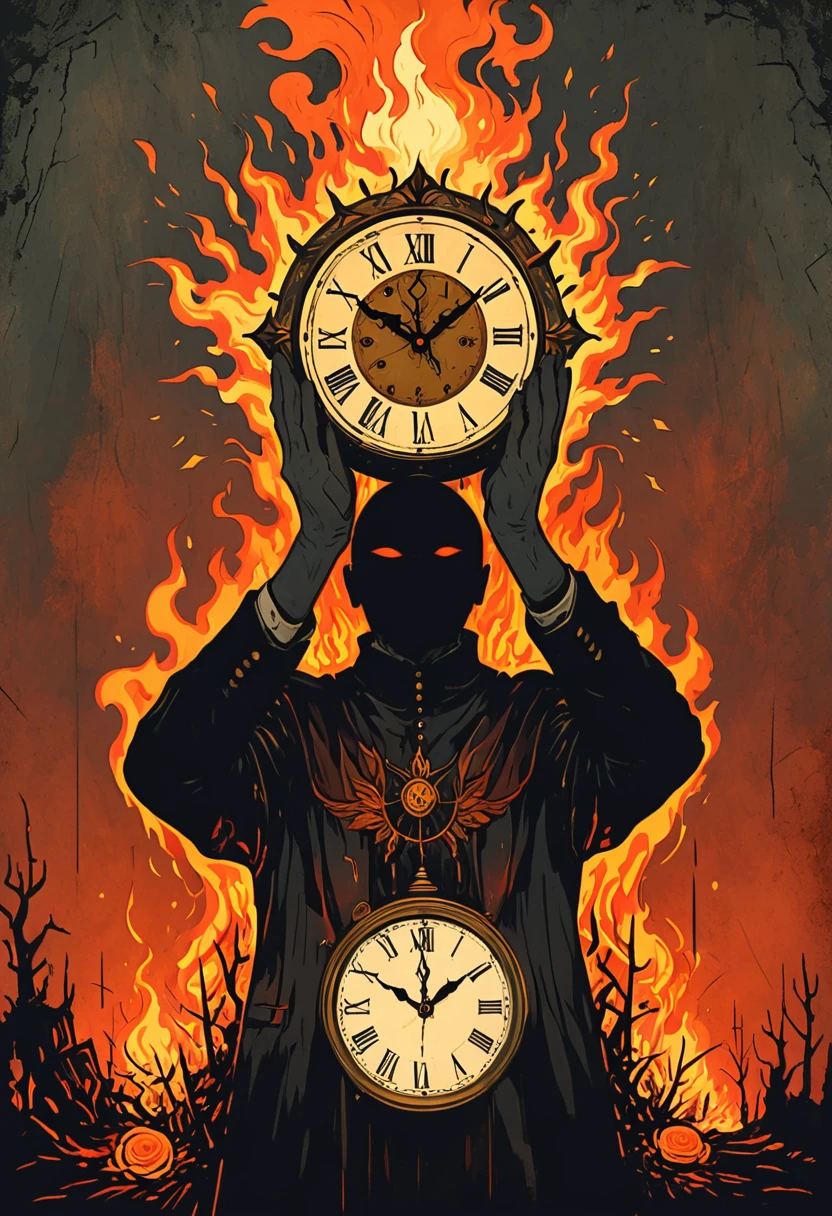 A man with his head on fire, holding up the hands of an old clock in front of him, vintage tarot card illustration, dark and moody, flat colors, simple details, dark background, reds and oranges, fantasy art style, vintage-inspired, hand-drawn elements, borderless frame, poster design