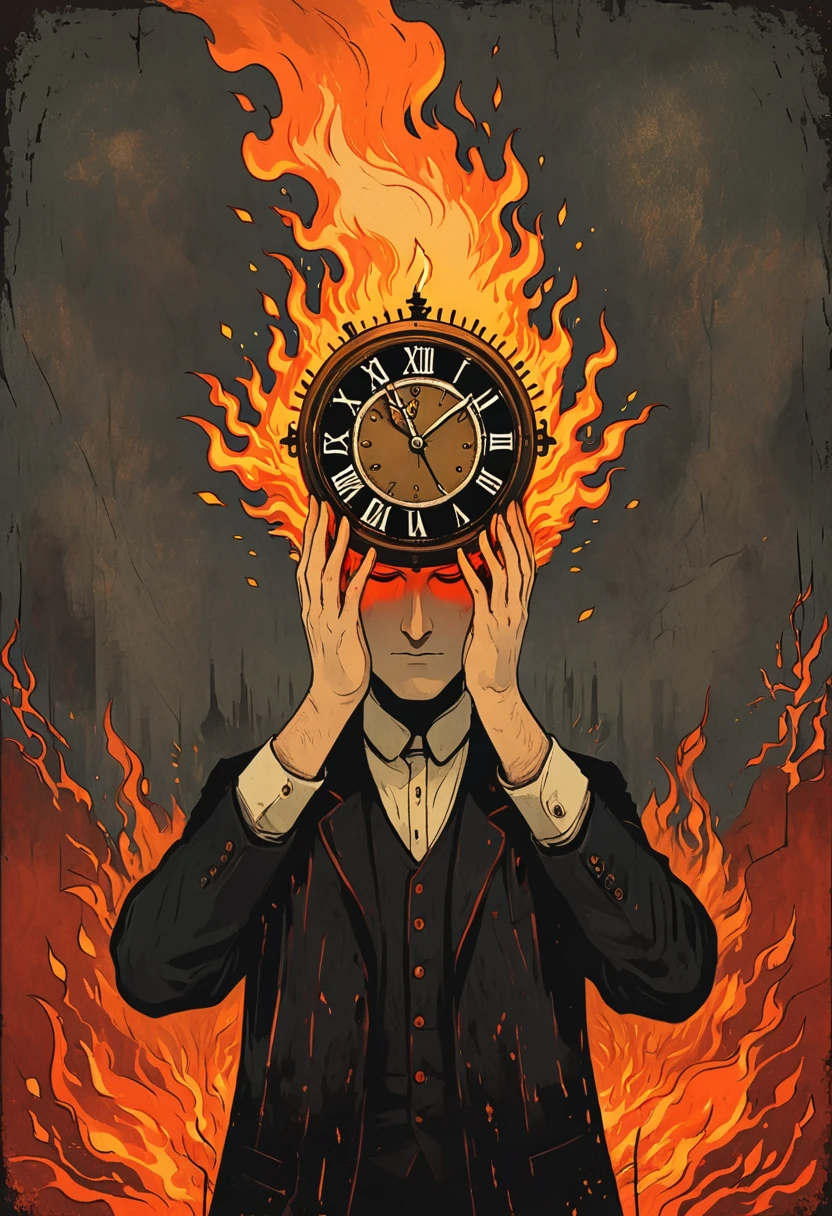 A man with his head on fire, holding up the hands of an old clock in front of him, vintage tarot card illustration, dark and moody, flat colors, simple details, dark background, reds and oranges, fantasy art style, vintage-inspired, hand-drawn elements, borderless frame, poster design