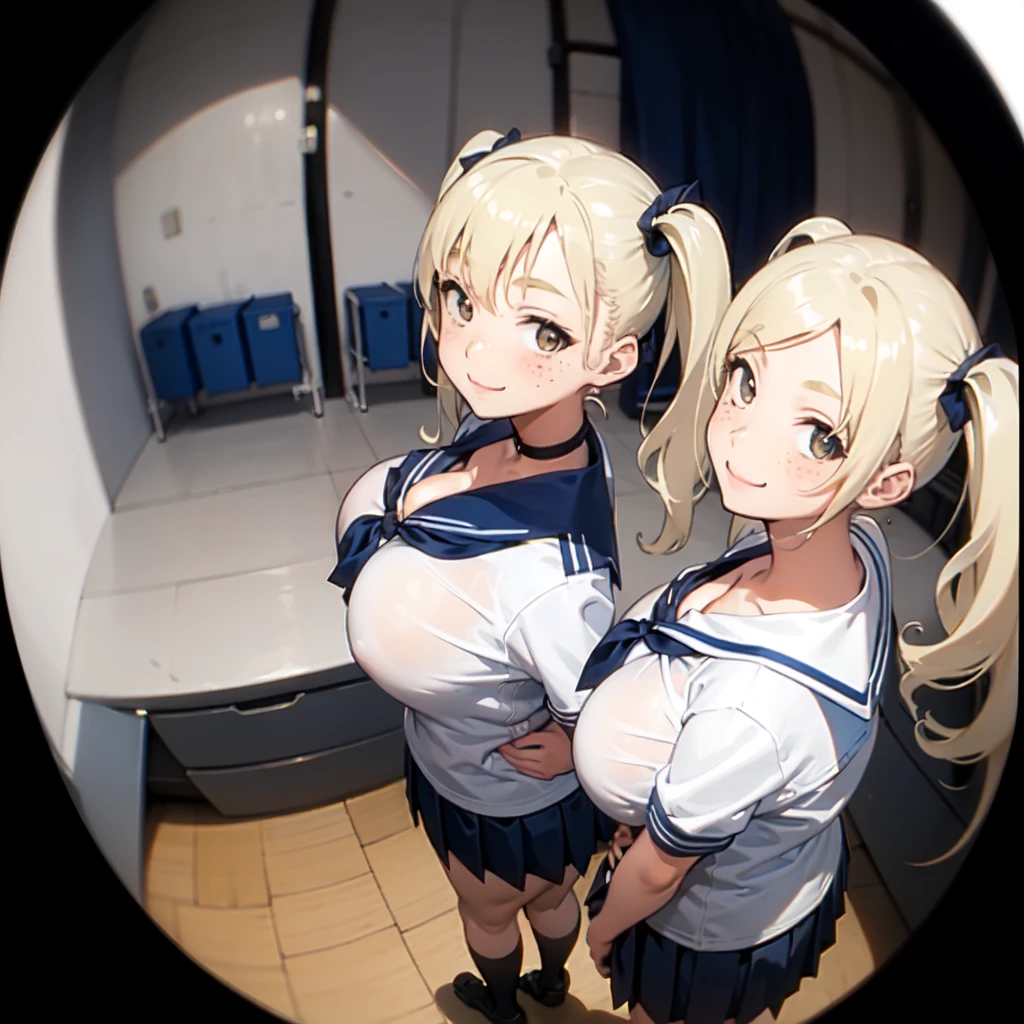 Blonde,(Long twin tails:1.6),Very curly hair,(Freckles:0.8),(Big Breasts:1.4),Teenager,break,
(Navy Blue,Cute Sailor Uniform,Checkered Pleated Skirt),Blue ribbon,break,

(((smile))),(arms behind back),chest focus,break,

Locker Room,(facing viewer:1.5),(from above:1.2),(Cowboy Shot),Top Light,(fisheye:0.8)