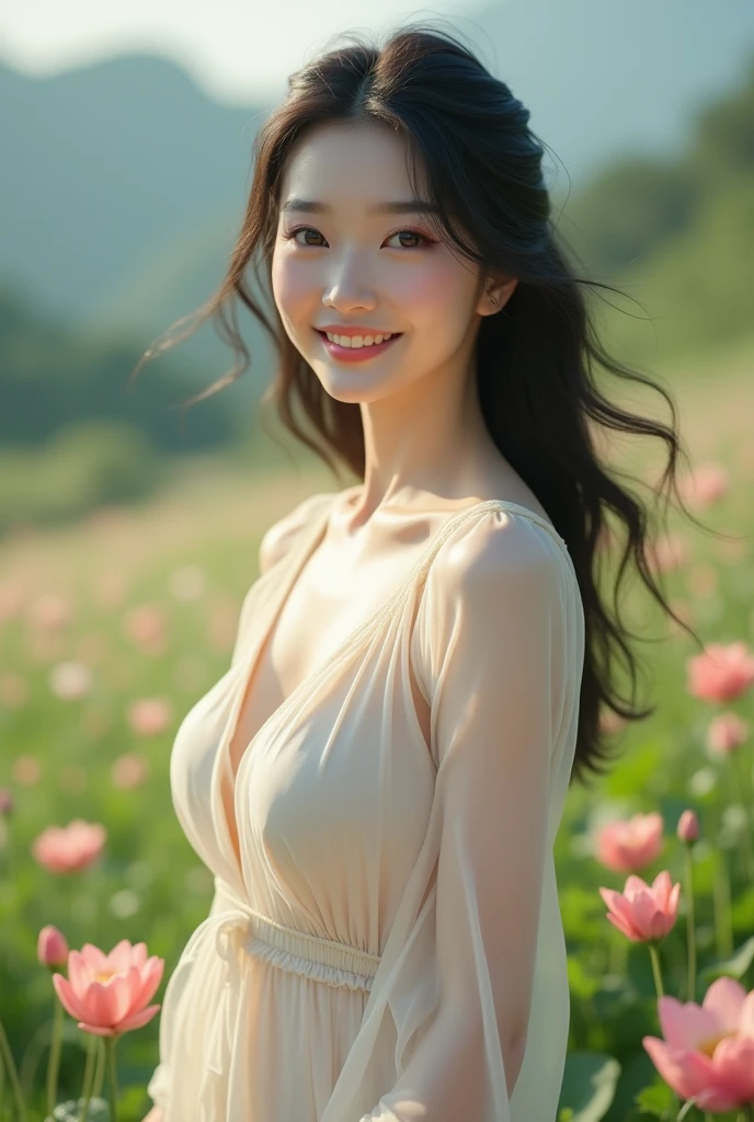 cleavage,Best quality, masterpiece, ultra high res, (photorealistic:1.4), raw photo, 1girl, white dress, off shoulder, blue flower field, glowing skin, light smile