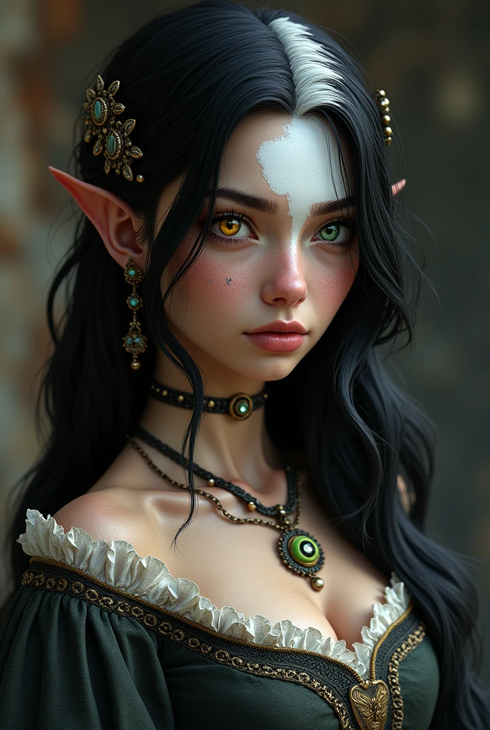 A close-up of a woman with yellow eyes wearing a necklace and a collar, Shot of the body of the cinematic goddess, morrigan, Close-up of the cinematic goddess., cinematic goddess shot, intricate costume, yenfer, peacock wizard themed clothing, scales on her chest, beautiful dark elf countess, Dragon Age Inquisition, triss marigold, fantasy costume