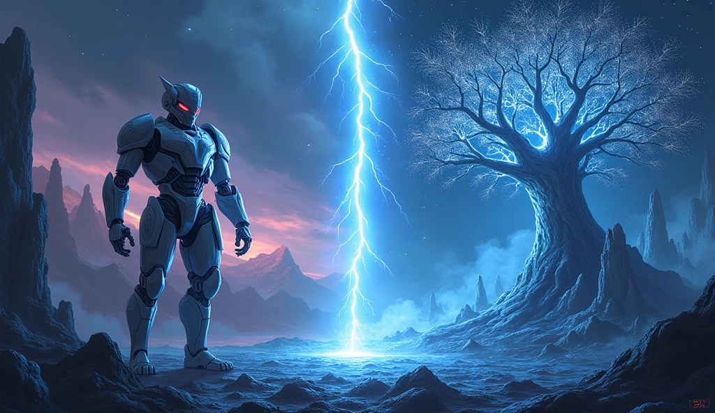 Design a split background for the duel between PlaygroundAI and Blue Willow. On the left, PlaygroundAI is represented by a futuristic landscape with technological elements, such as a shiny robot in metallic tones and interlocking digital circuits, against an electric blue background. On the right, Blue Willow is symbolized by a mystical forest, bathed in silvery light, with glittering leafy trees and a towering crown of wood in the sky. In the center, a powerful lightning bolt divides the two sides, signifying the imminent confrontation. The text 'PlaygroundAI or Blue Willow? You decide!' appears at the top of the screen, capturing the essence of this duel between technology and magic.