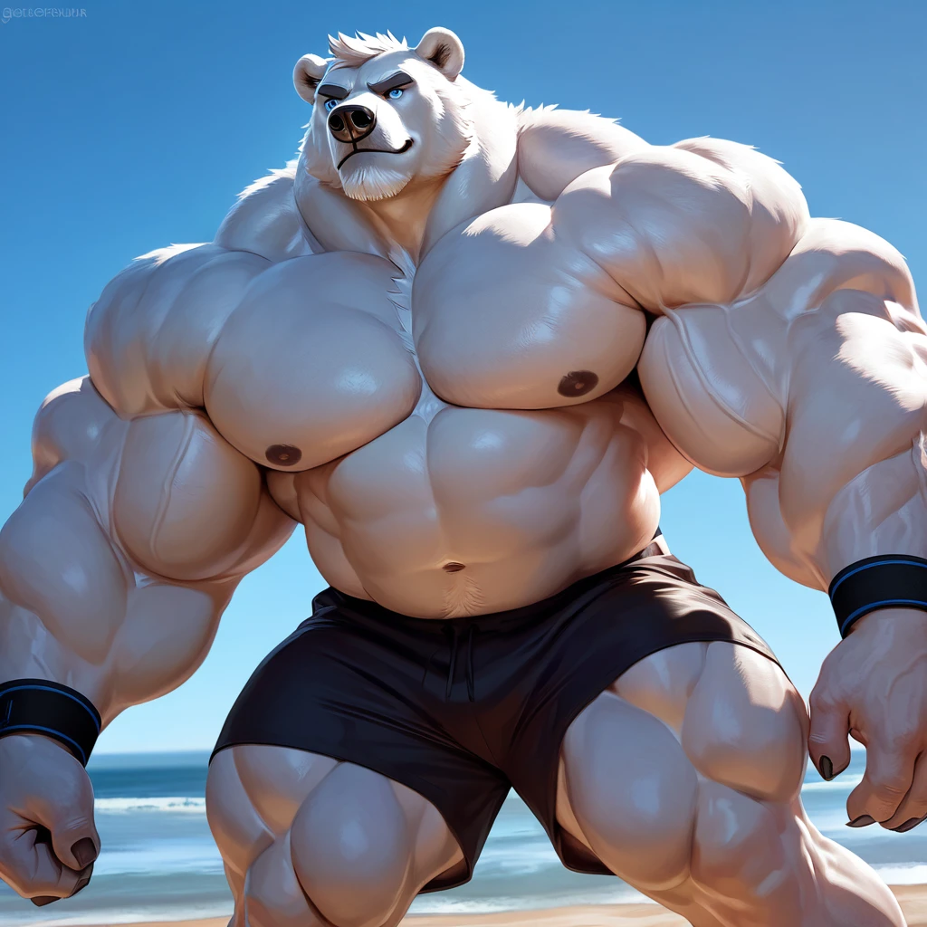 huge buff muscular polar bear Dad in Tropical Beach, big smirk, polar bear, huge white fur, thick arm, huge arm, bearded. Short white hair and white beard, white mustache, bearded white, (muscular, pectoral, wide pectoral, thick arms), correct anatomy, beach, palm, realistic, detailed eyes, 8k, masterpiece, (wearing black shorts, wristband, watch and shirtless), grunting, flexing, straining, gainig massive muscle power