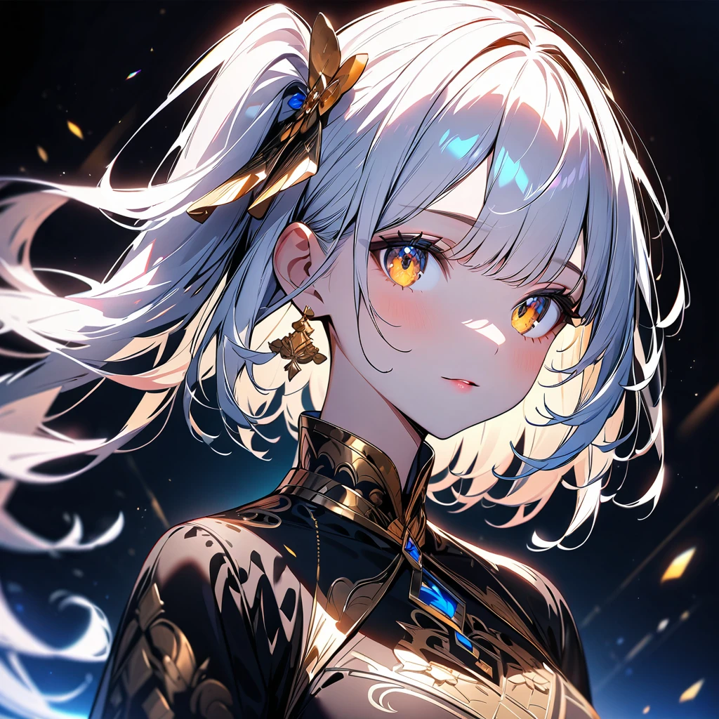 One girl. Ultra high definition. High detail. 4k resolution. White hair. Side ponytail. Golden eyes. Beautiful eyes. Black dress. Gold patterns on clothes. Looking towards you. Standing portrait.
