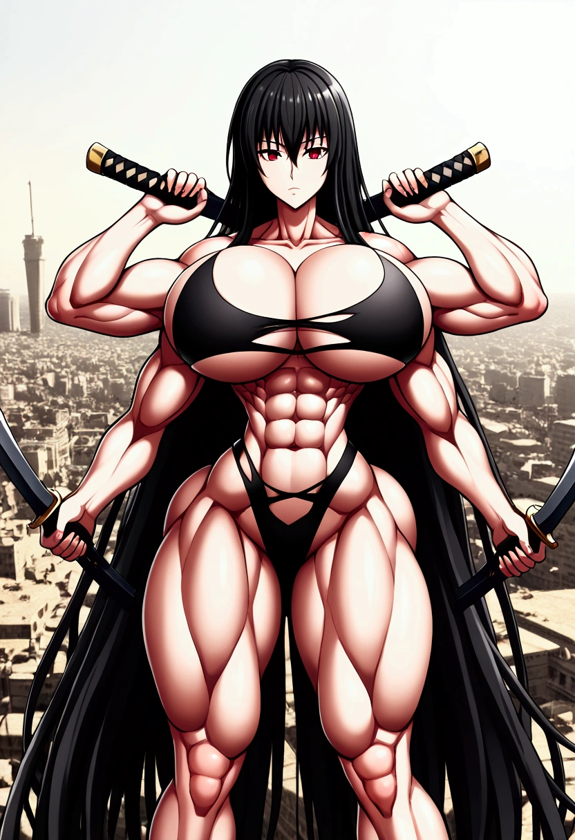 huge breasts, huge ass, huge legs, Wide hips, small waist, four arms, muscular physique, very long black hair with black,red eyes, Wearing a sexy outfit, slim and sexy woman, wielding a broadsword, destroyed city background, anime style, Surrealism, 8k, super detail