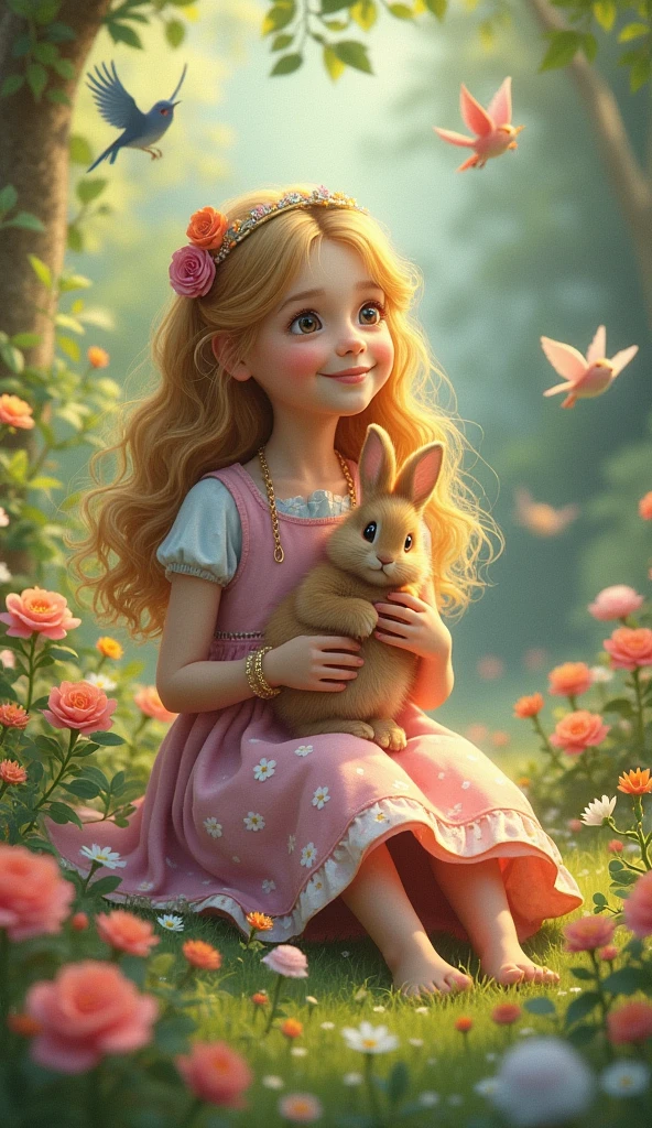 one (13 year old child) wearing a purple, twirling dress, hugging a rabbit wearing pink overalls
