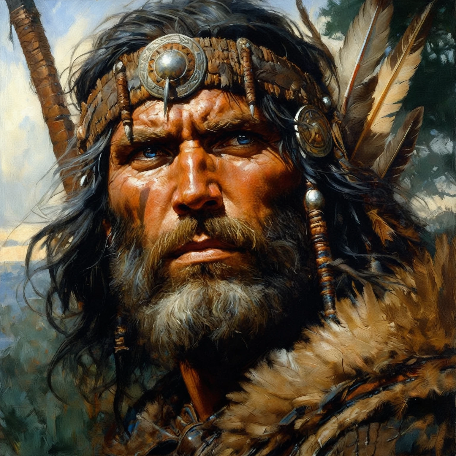 a painting of a man with a beard and a feathered headdress, portrait of a warrior, james edmiston, greg manchess, by Johannes Helgeson, picture of an adult male warrior, indian warrior, native american warrior, portrait of a male warrior, barbarian, wayne douglas barlowe, a native american warrior, barbarian warrior, by Alex Horley