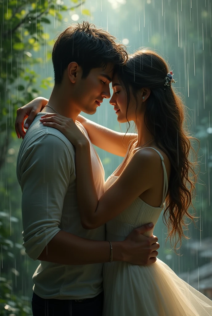 The image is a romantic scene of a young couple in the rain. The couple is standing in the water, with the man's arm around the woman's waist. The woman is wearing a white saree and has her eyes closed, while the man has his eyes closed and his head resting on her shoulder. They are both looking at each other with a peaceful expression on their faces. The background is blurred, but it appears to be a tropical setting with greenery and raindrops falling around them. The overall mood of the image is romantic and dreamy.