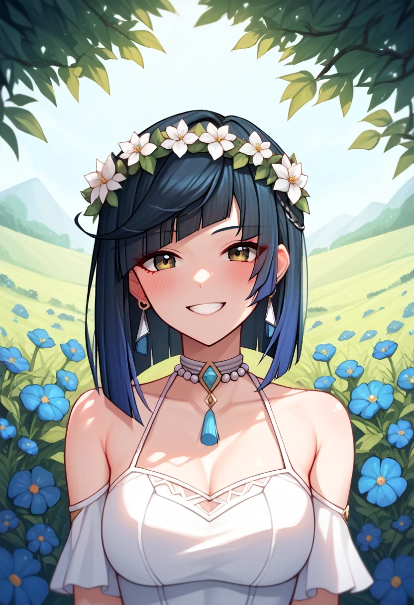 score_9, score_8_up, score_7_up, score_6_up, score_5_up, score_4_up, source_anime, 1girl,yelandef, upper body, smile, blush, dark hair, low dark blue hair, brown eyes, clean hair, white dress, jewelry, a wreath of flowers, day, field, looking at the viewer, field flower, best quality, best res, 4K UHD,
 