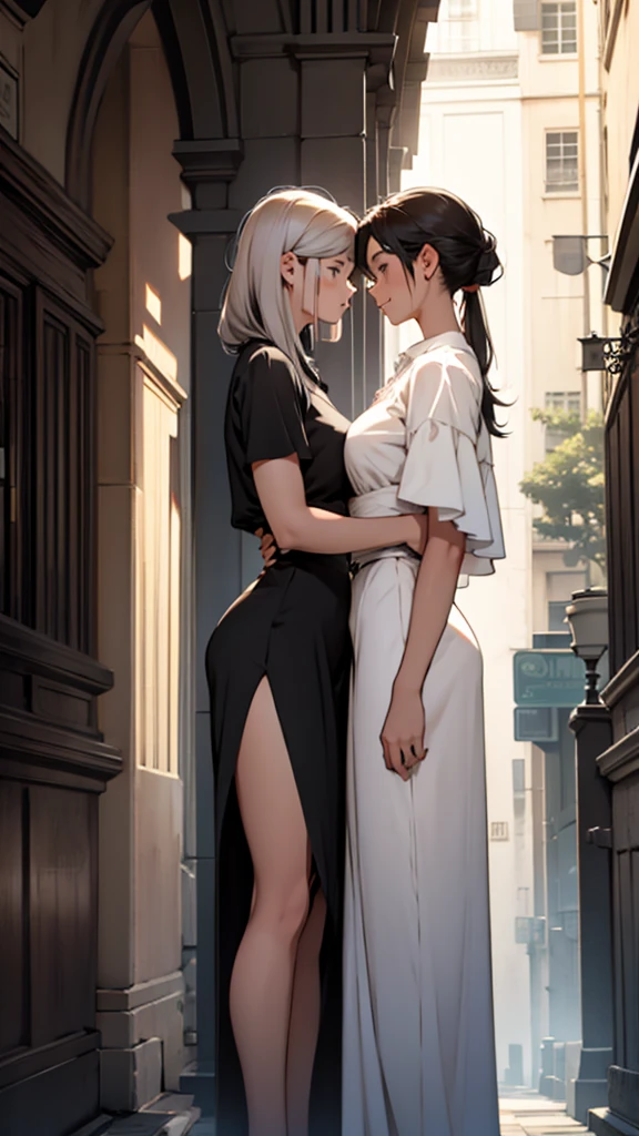 masterpiece, best quality, shadows, perfect hands, perfect fingers, perfect legs, perfect anatomy, pretty face, mature features, 1 girl, 1 boy, both 21 years old, mature woman, mature man, girl dressing a tight black dress, boy wearing casual and elegant, making eye contact between them, hanging out, profile point of view,